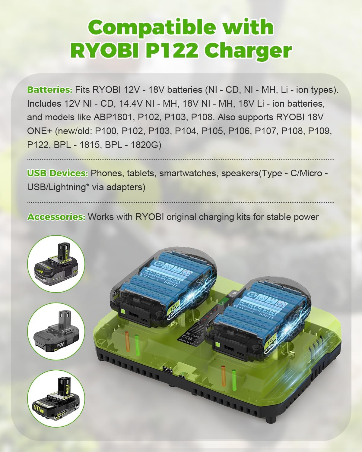 Replace Ryobi 18V Battery Charger,P117 Dual-Port Rapid Charger for Ryobi 12V-18V