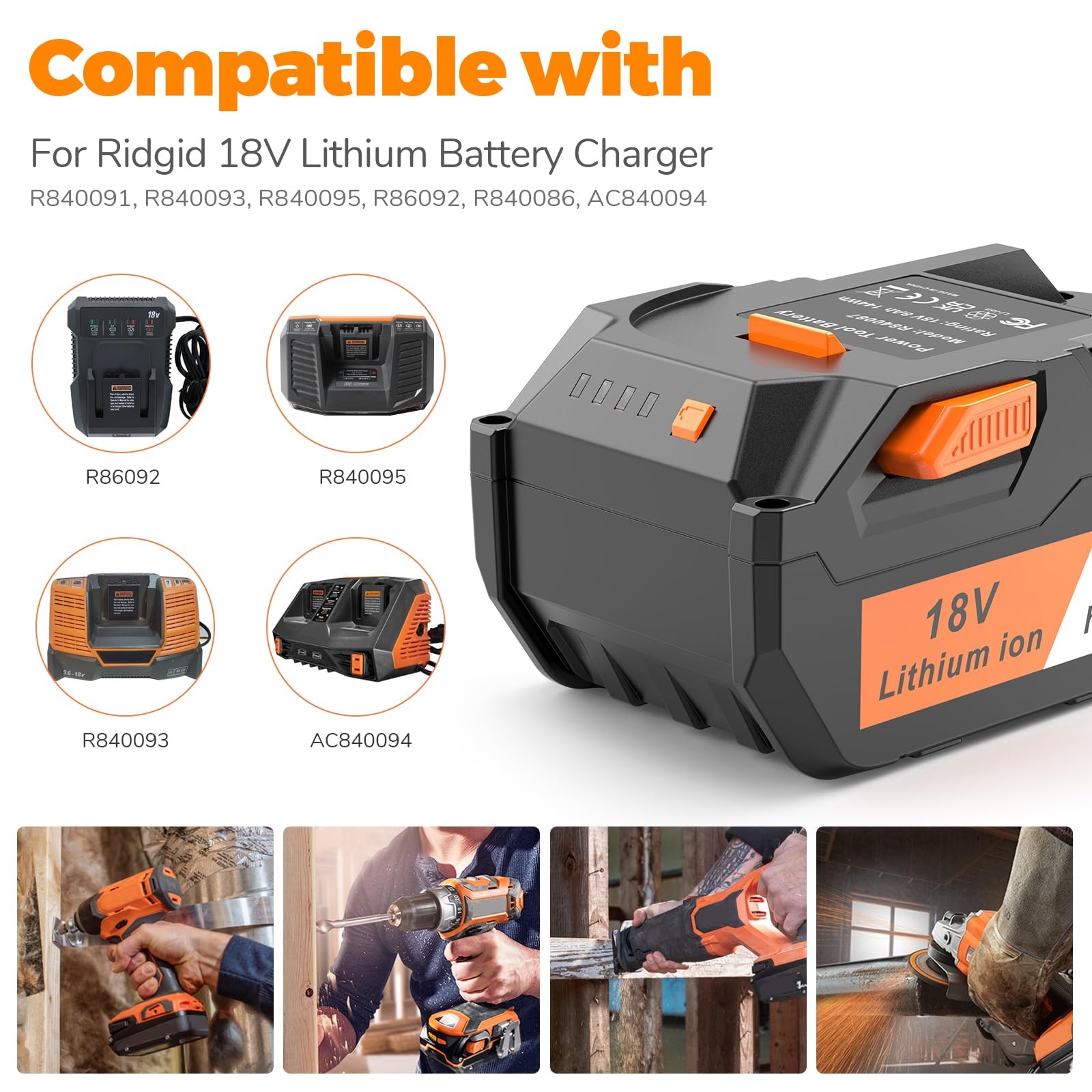 Aryee 18V 6000Mah Battery Replacement Compatible Ridgid 18V Drill R840087