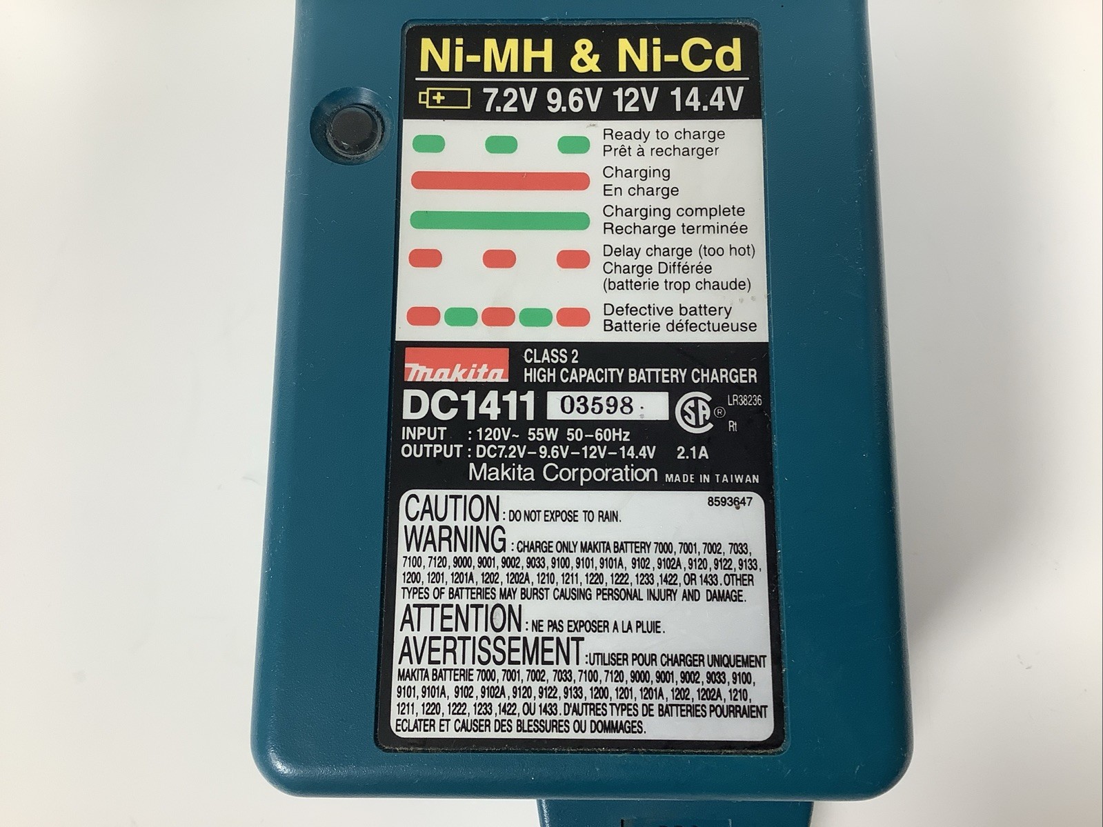 Makita DC1411 Battery Charger Ni-Mh & Ni-Cd 7.2V 9.6V 12V 14.4V – Works Great –