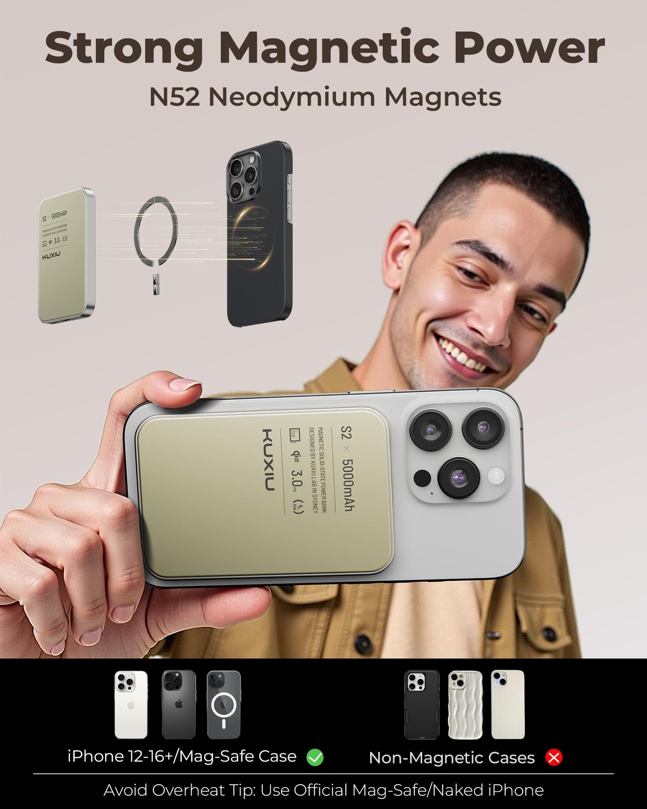 KU XIU 2025 Solid-State Magnetic Portable Charger 5000mAh, Qi2-Certified 15W Wir