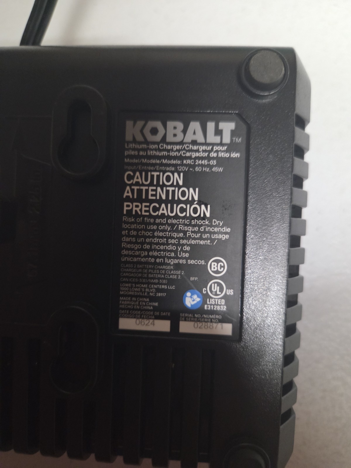Kobalt 24V MAX Lithium-Ion Battery Charger KRC 2445-03