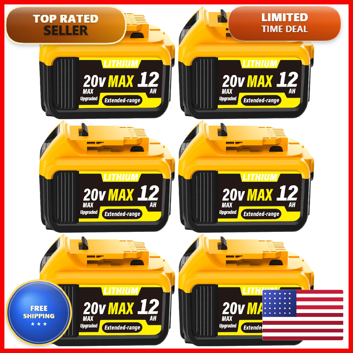 Poodie 6-Pack 12000Mah High Capacity Replacement For Dewalt 20V Max Battery