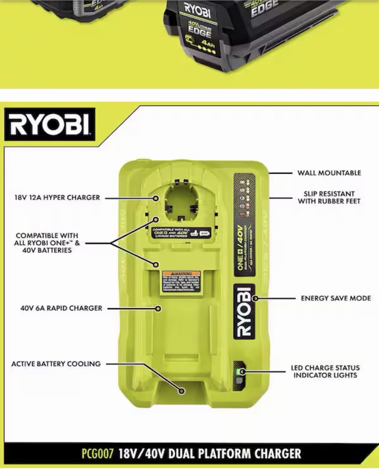 Lightly Used RYOBI ONE+ 18V/40V Dual Platform Charger See Pic Below