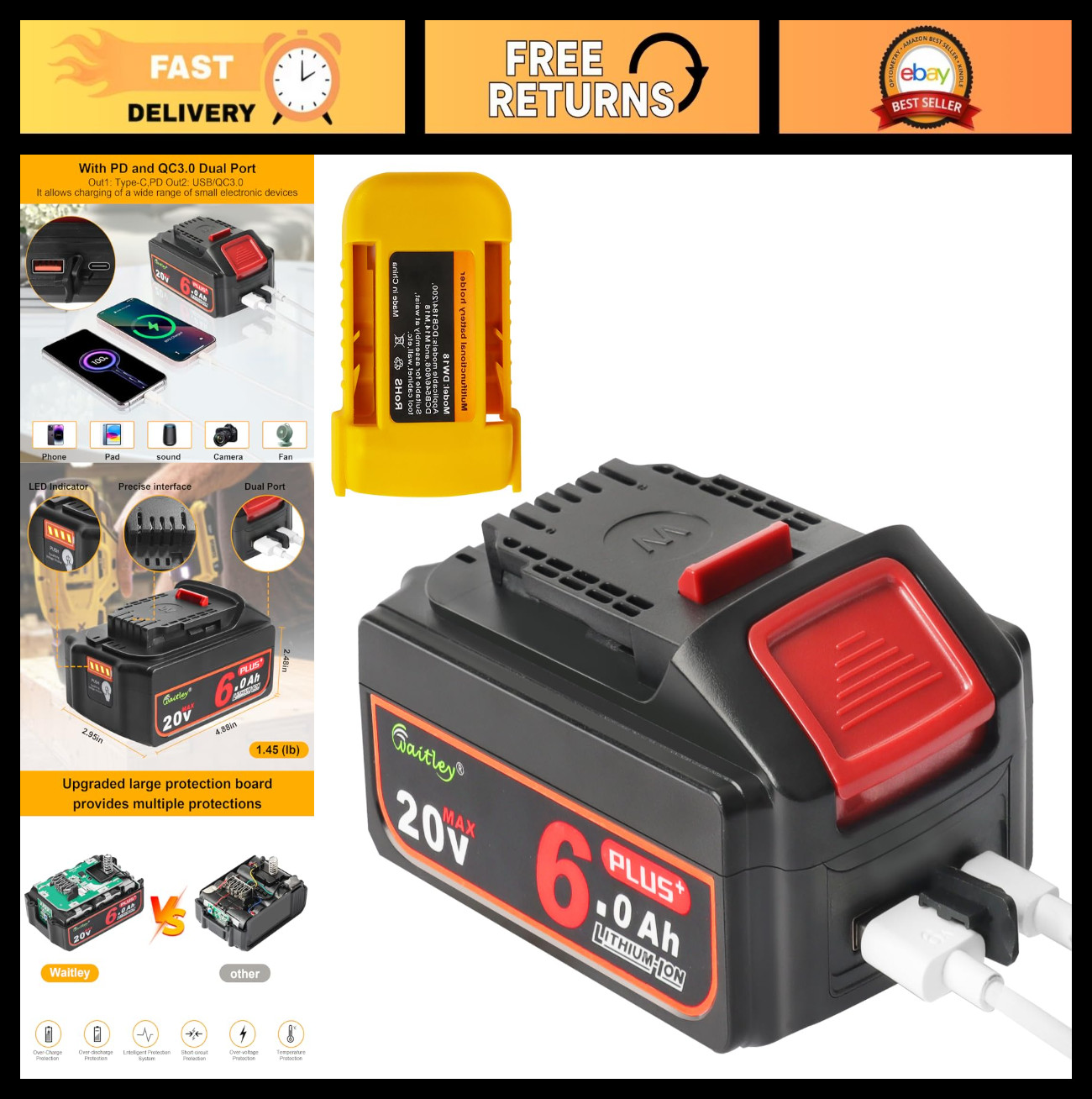 20V 6A Plus Battery Compatible with Dewalt Cordless Tools, USB & Type-C Fast Cha