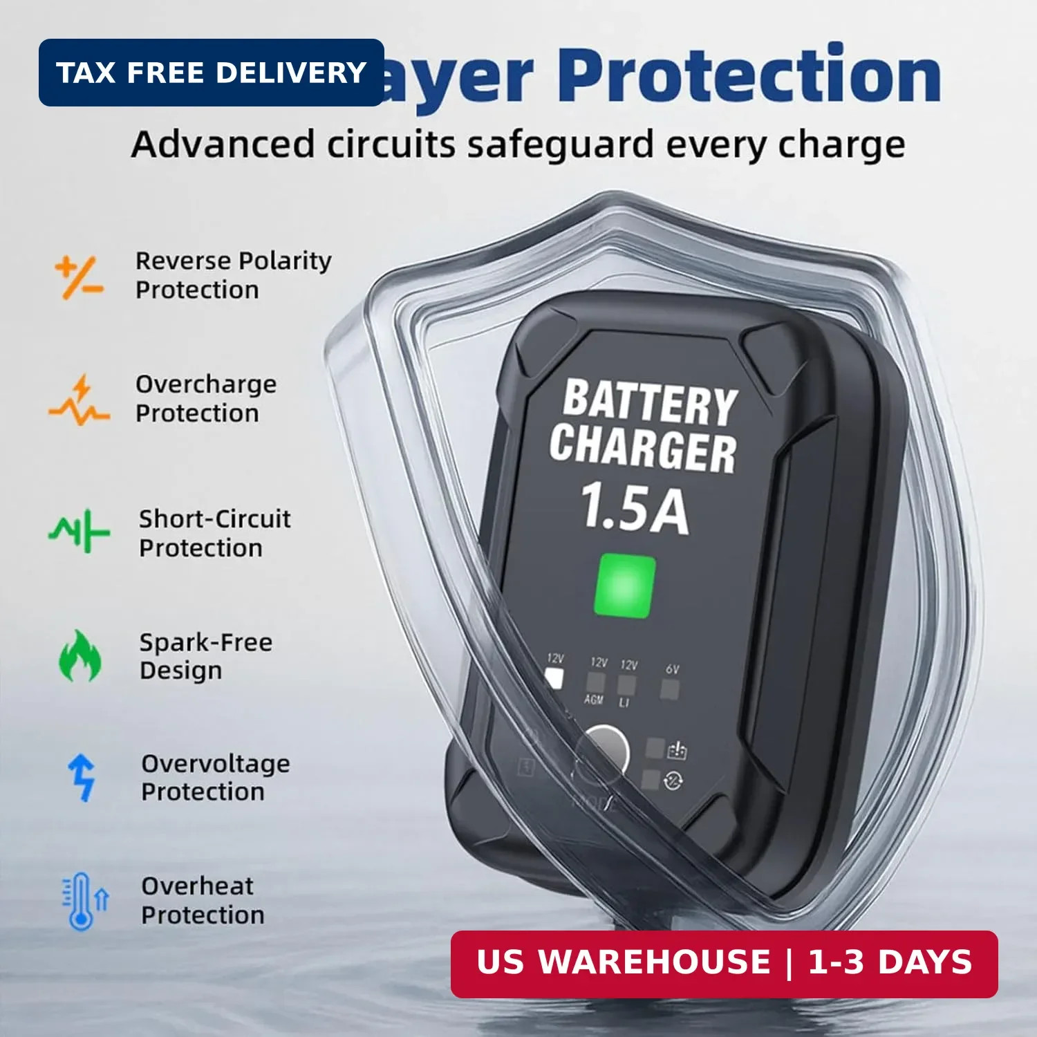 1.5A 6V/12V Car Battery Charger – Automatic Trickle Charger, Battery Maintainer