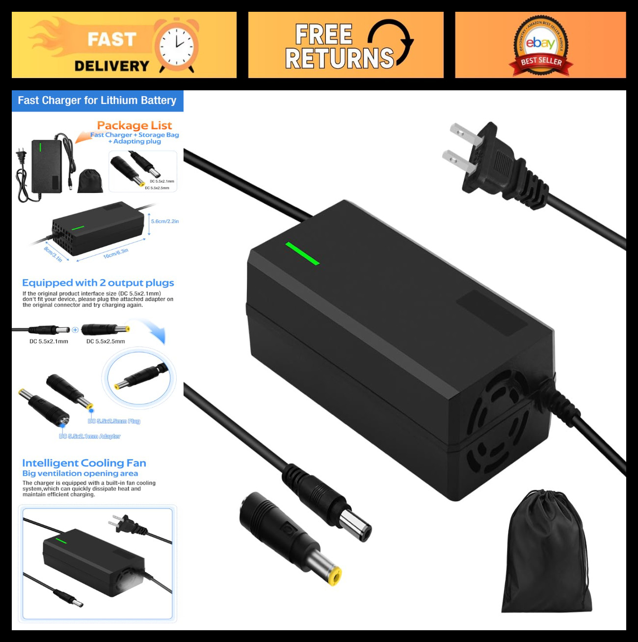 54.6V 3A/5A Fast Charger for 48V Lithium Battery, 7 Plugs, Cooling System