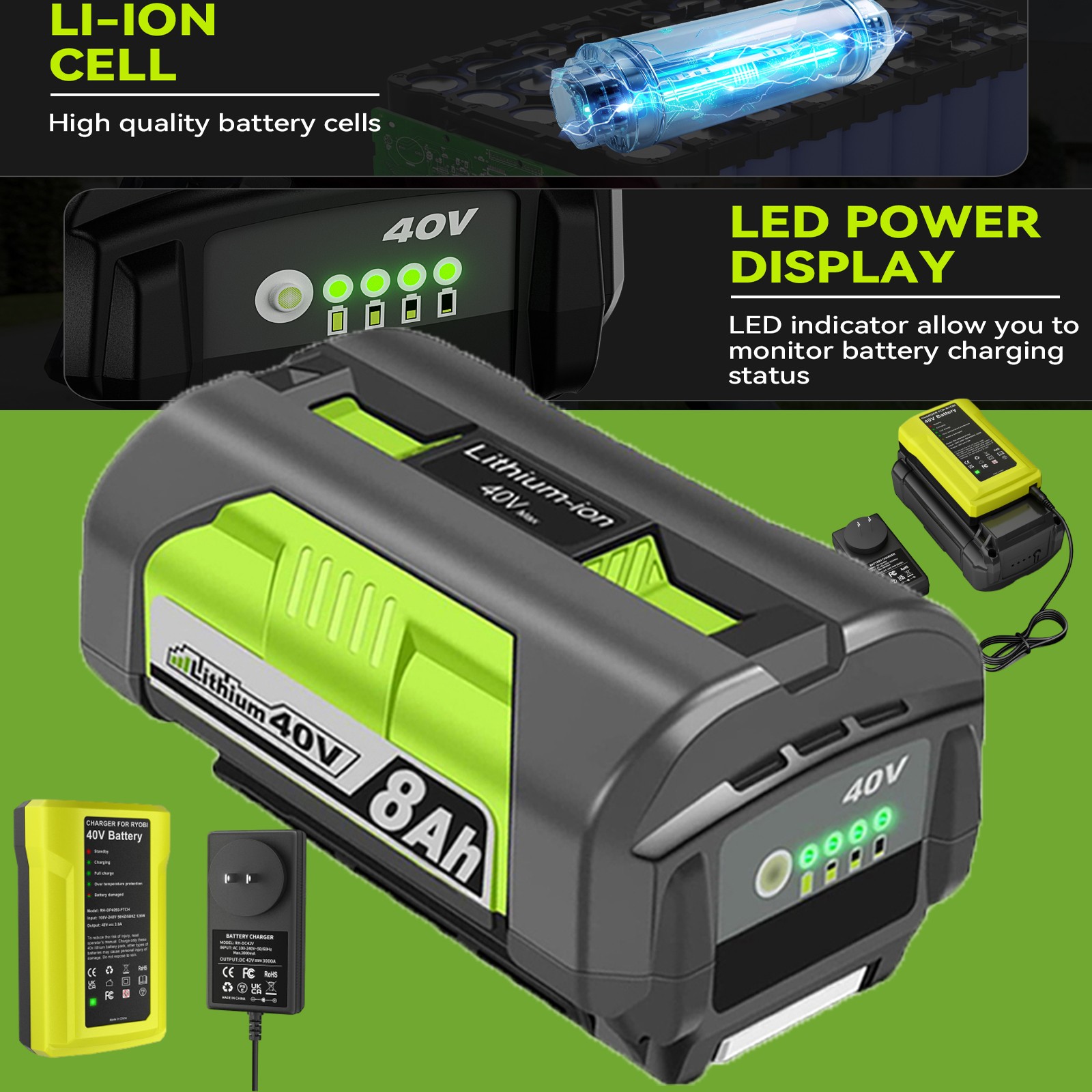 9Ah 40V Battery For Ryobi 40Volt OP4050 Battery OP40602 OP40261 Battery/Charger