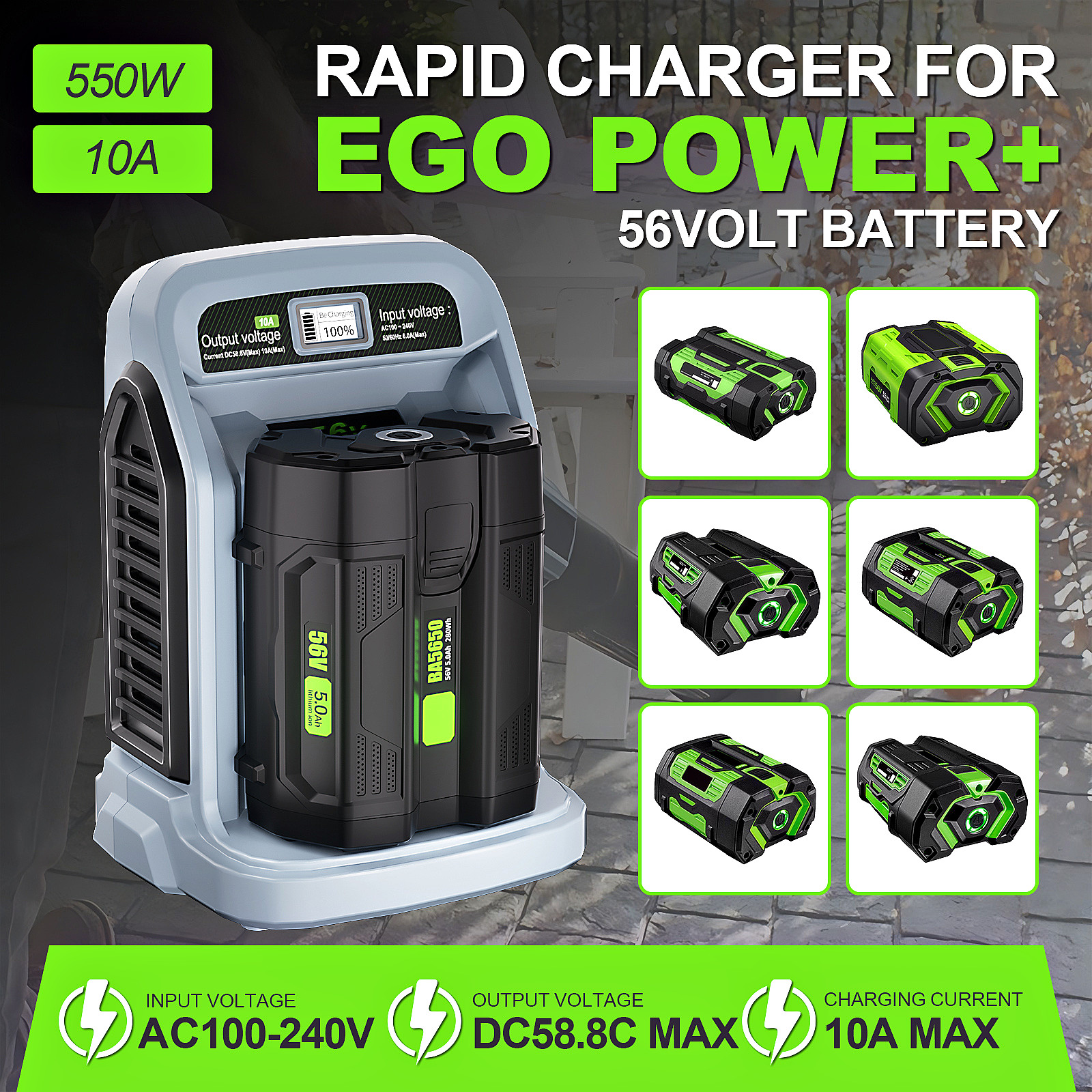 10.0A Rapid Charger For EGO 56V Battery BA1400T BA2242T BA2800T BA4200T BA3360T