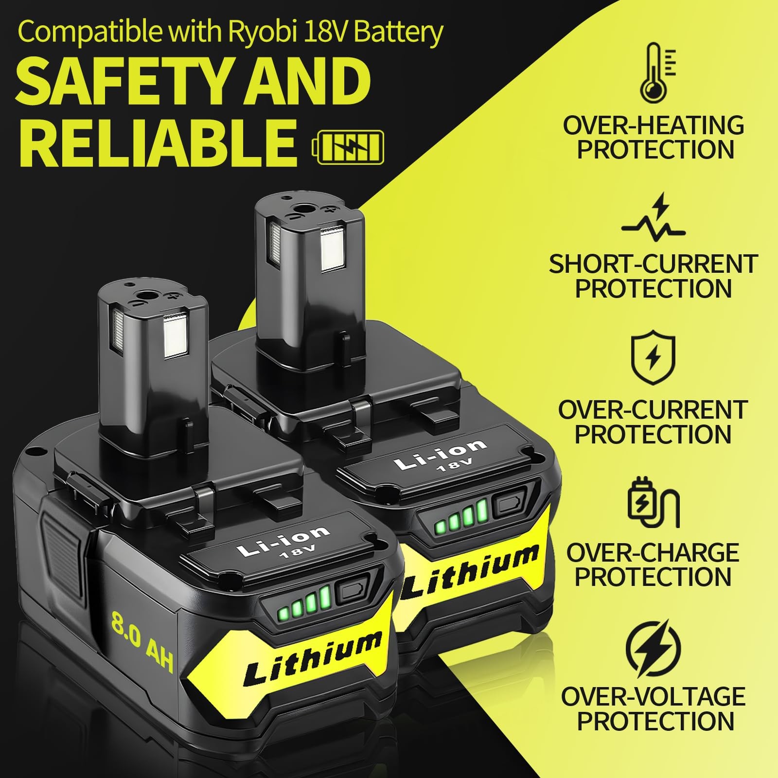GloryTask 2Pack Upgrade 8000mAh High Capacity Replacement for Ryobi 18V black