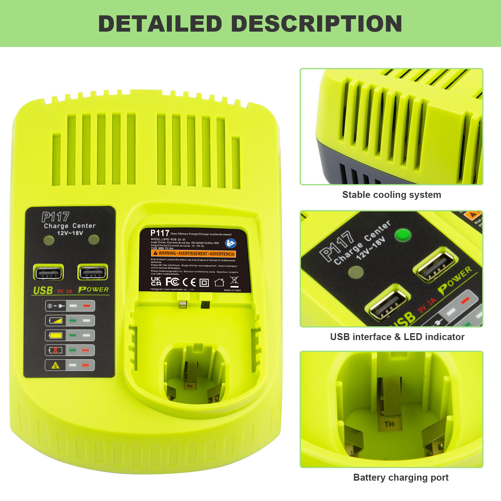 P117 For RYOBI P108 18V High Capacity P107 P103 18V Ni-Mh Li-ion Battery Charger