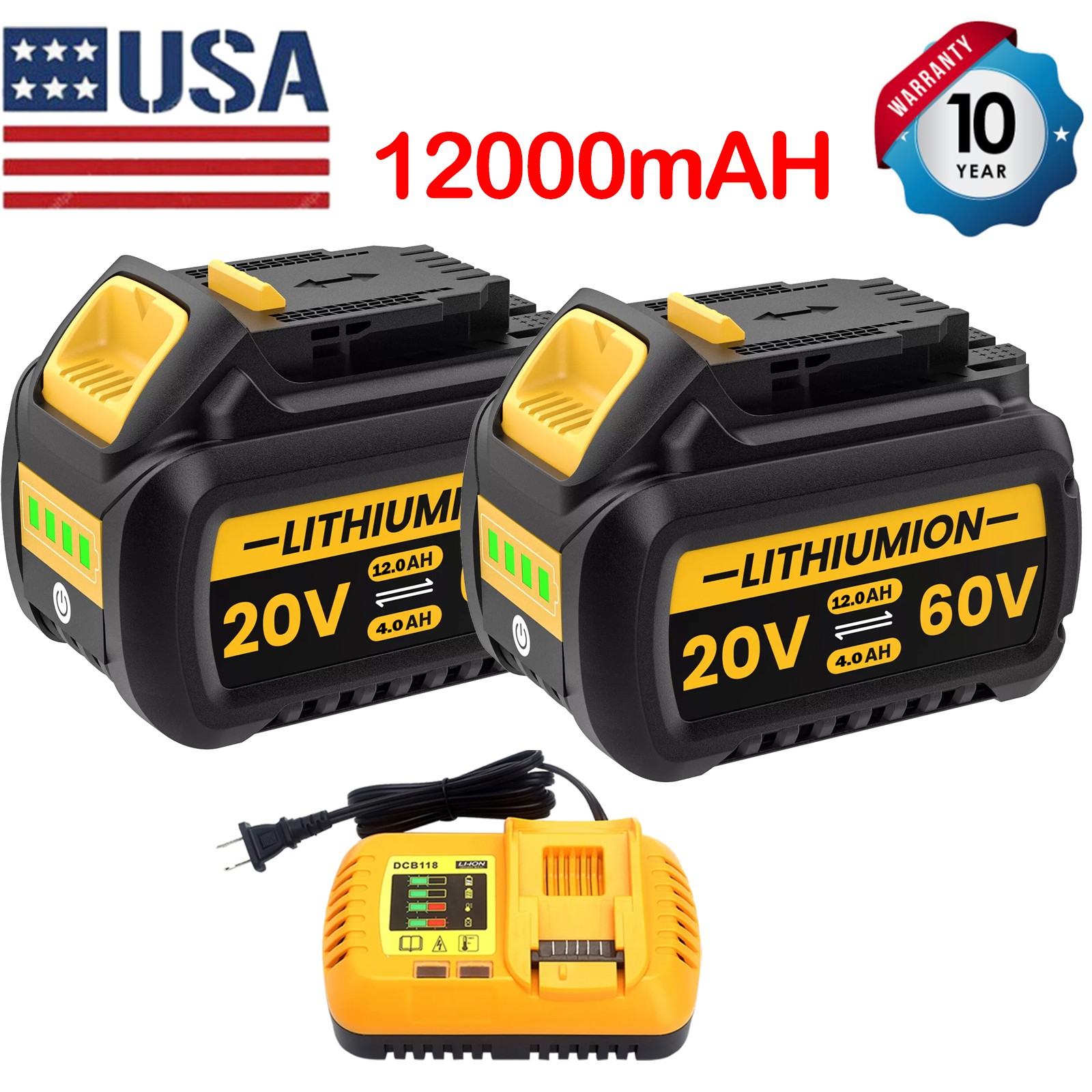 2PCS 12Ah Replacement DCB606-2 Battery for Dewalt 20V 60V Max Battery & Charger/