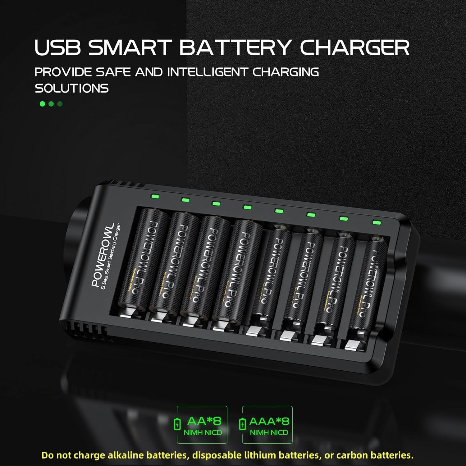 POWEROWL 8 Bay AA AAA Battery Charger, USB 8Bay aa aaa charger, Black