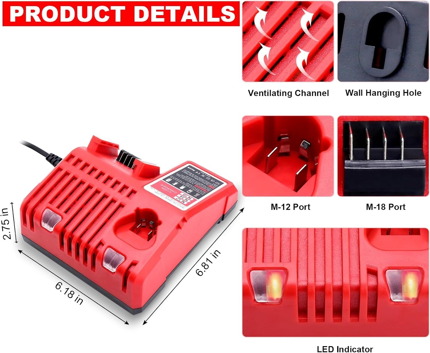 18V & 12V Lithium-Ion Charger for Milwaukee Tools – Certified Safety Features