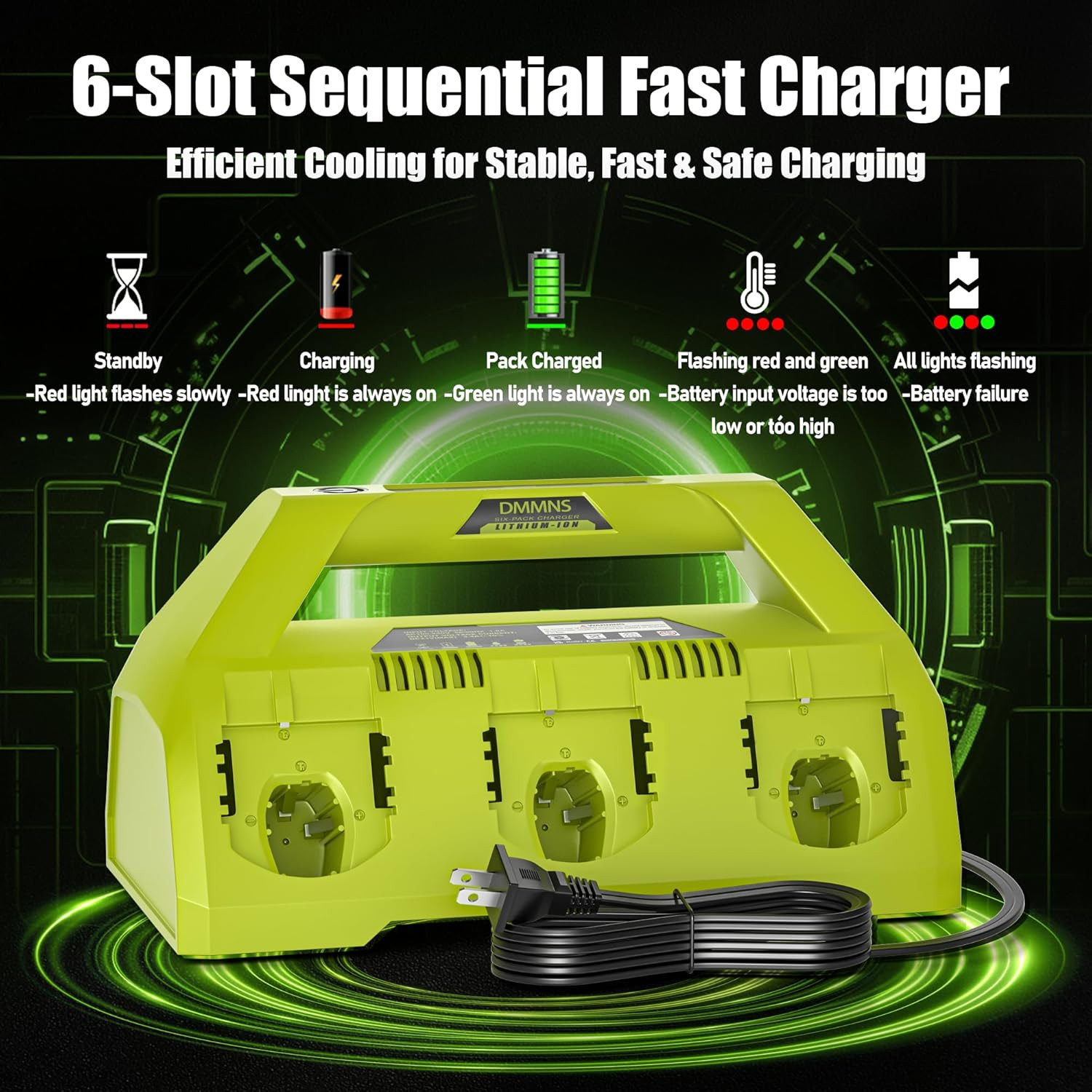6-Port 18V Super Fast Charger Station for Ryobi P117 P135 Batteries