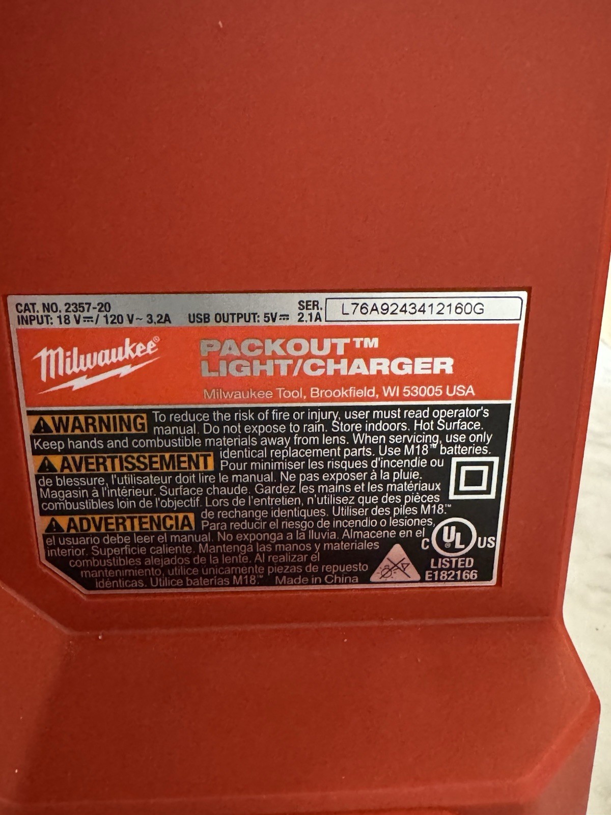 Milwaukee Packout Light/Charger 18V Red 2357-20 USB Output Power Tool NO BOX!
