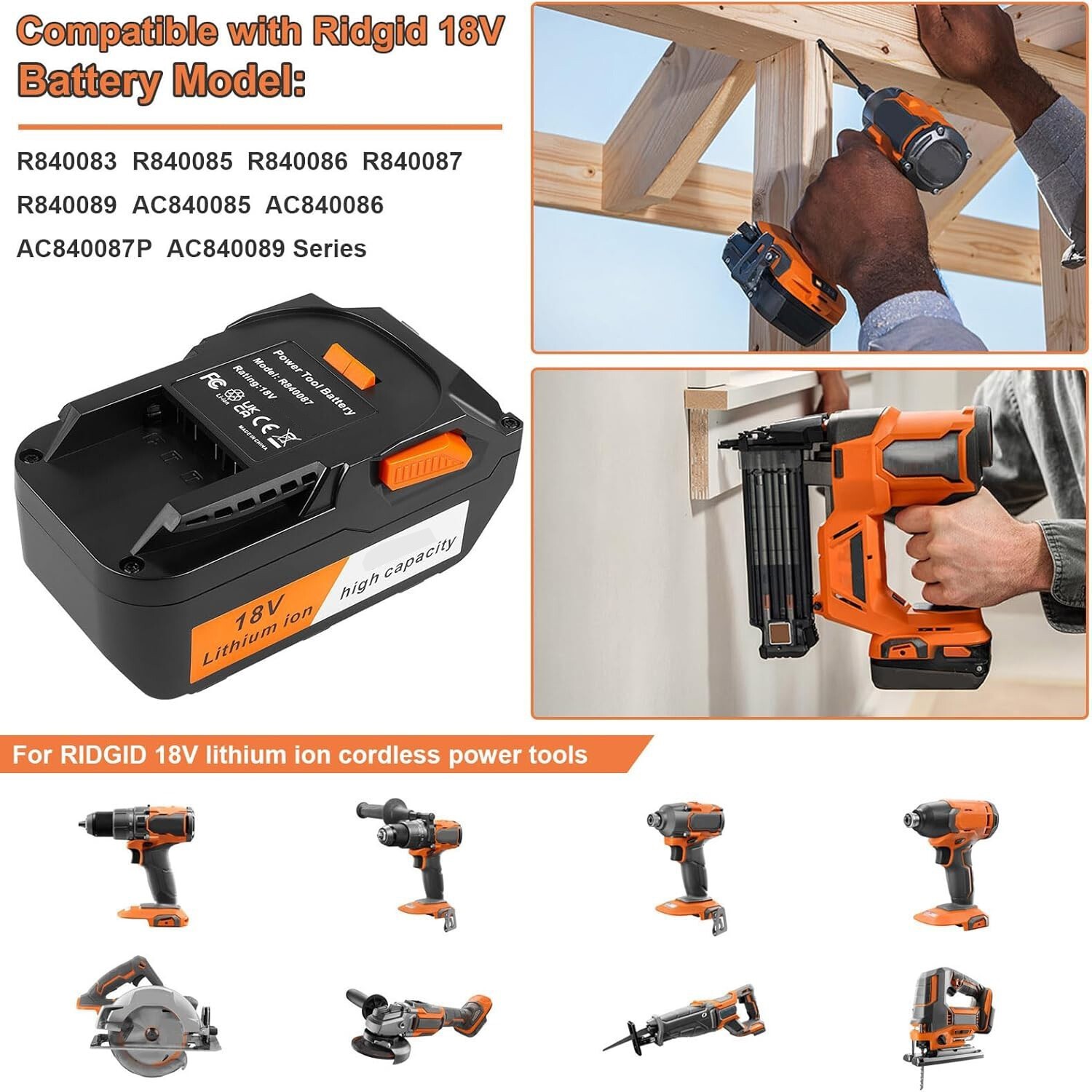 8000mAh Lithium-ion Battery For Ridgid 18V R840087 R840085 Rigid 18V Tool 7.0AH