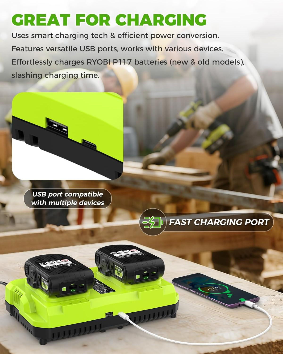 Replace Ryobi 18V Battery Charger,P117 Dual-Port Rapid Charger for Ryobi 12V-18V