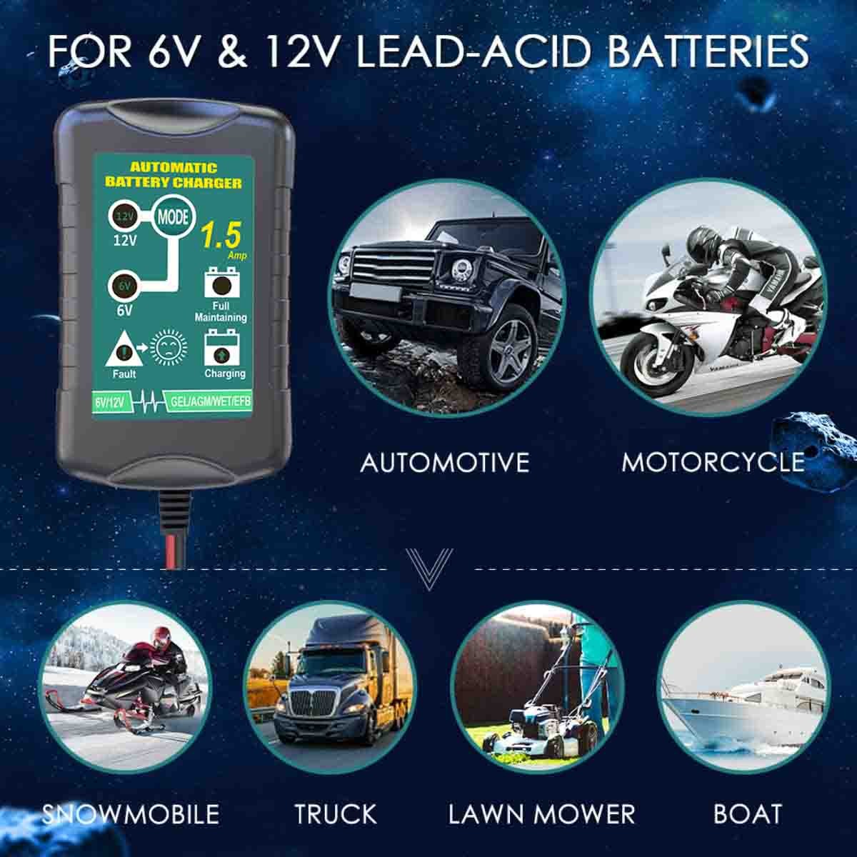 Automatic 6V 12V 1500mA Charger and Maintainer for Motorcycle, ATVs, and More