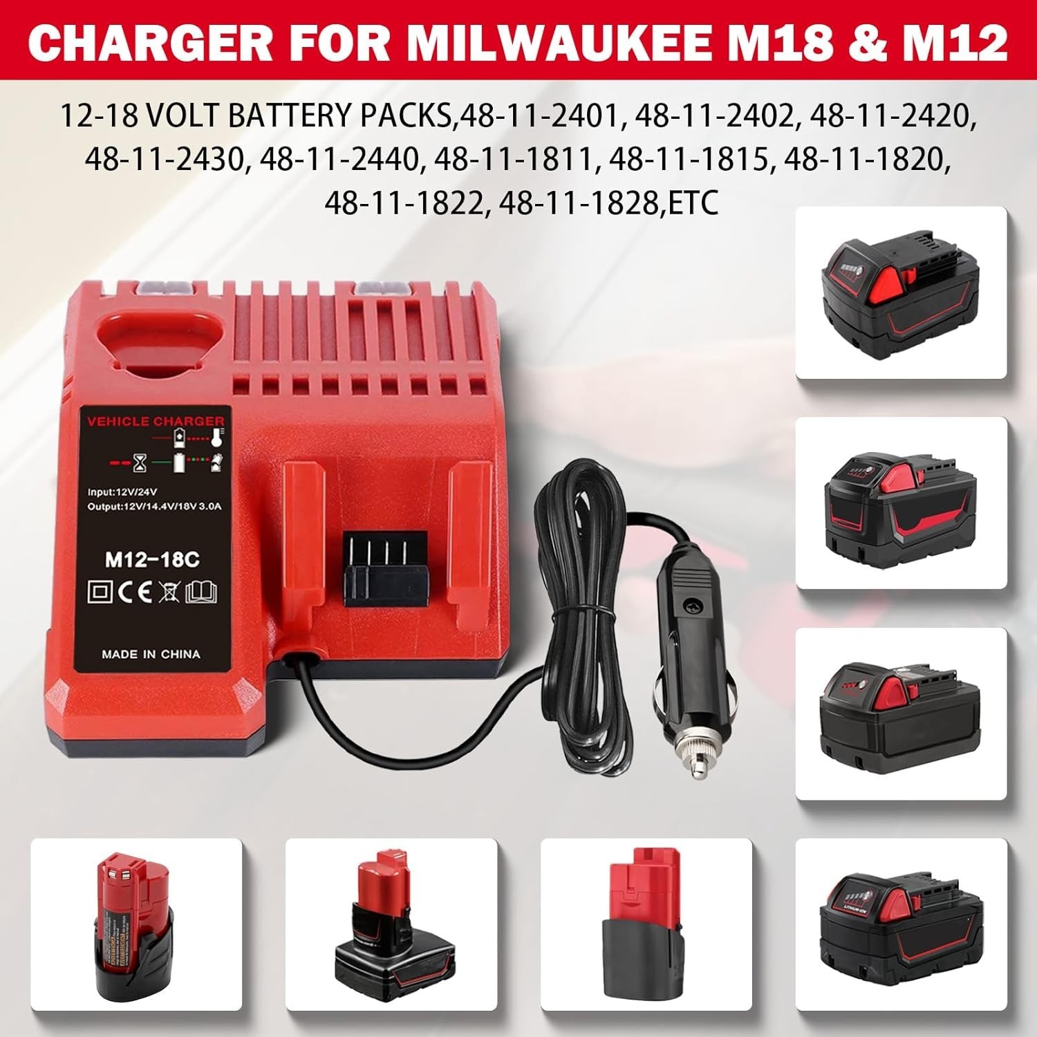 for M12 & M18 Multi Voltage Car Charger Milwaukee 12V-18V Lithium Red