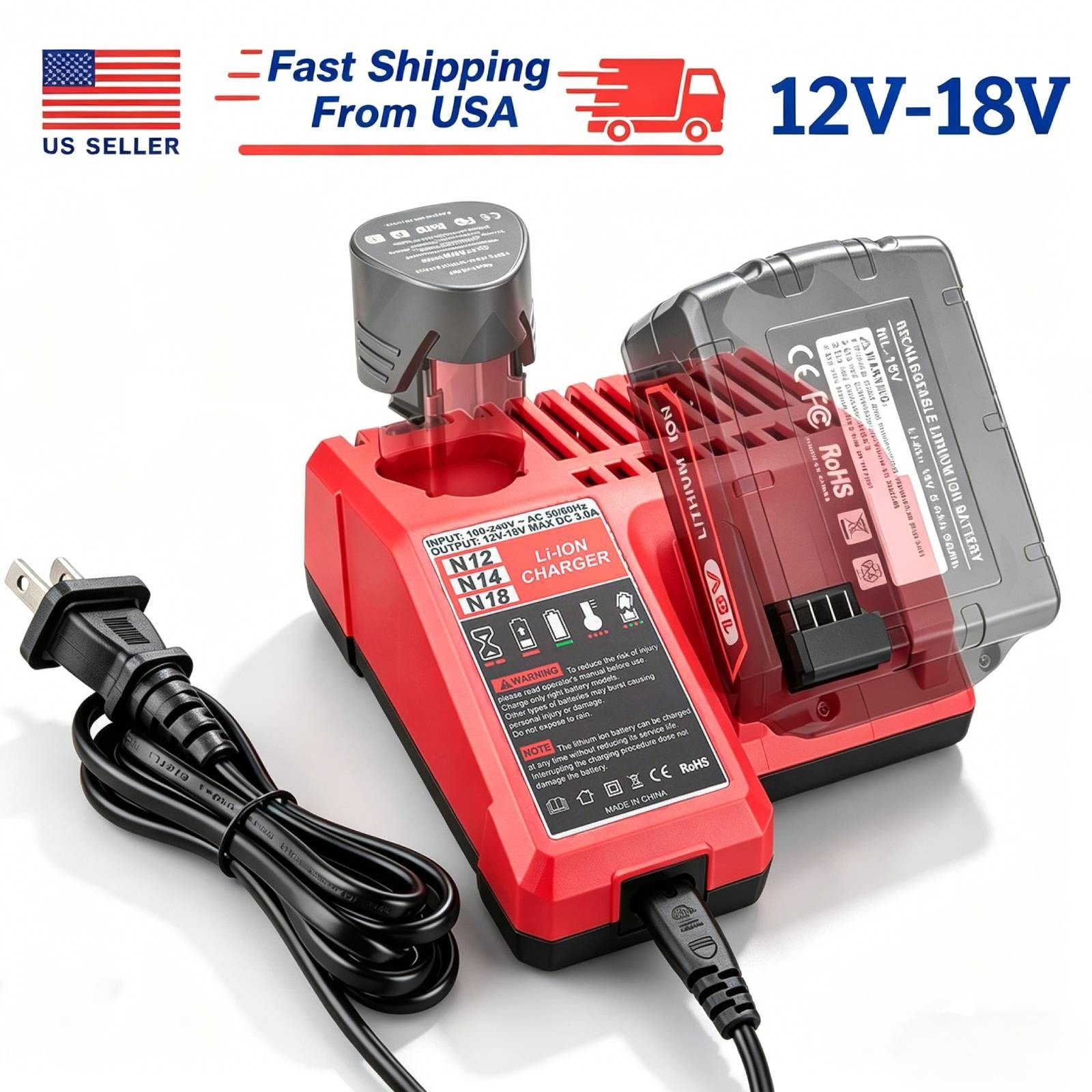 For Milwaukee For M18 For M12 Multi-Voltage Rapid Battery Charger 48-59-1812