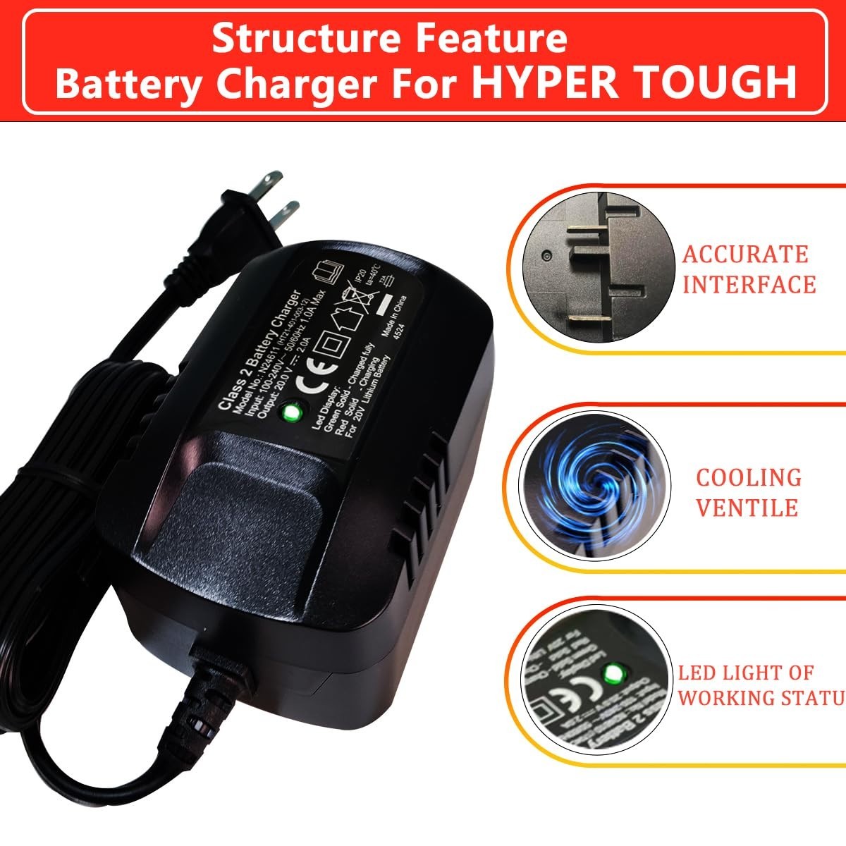 20V 2A Lithium-Ion Battery Fast Charger with LED Indicator Light, US Plug
