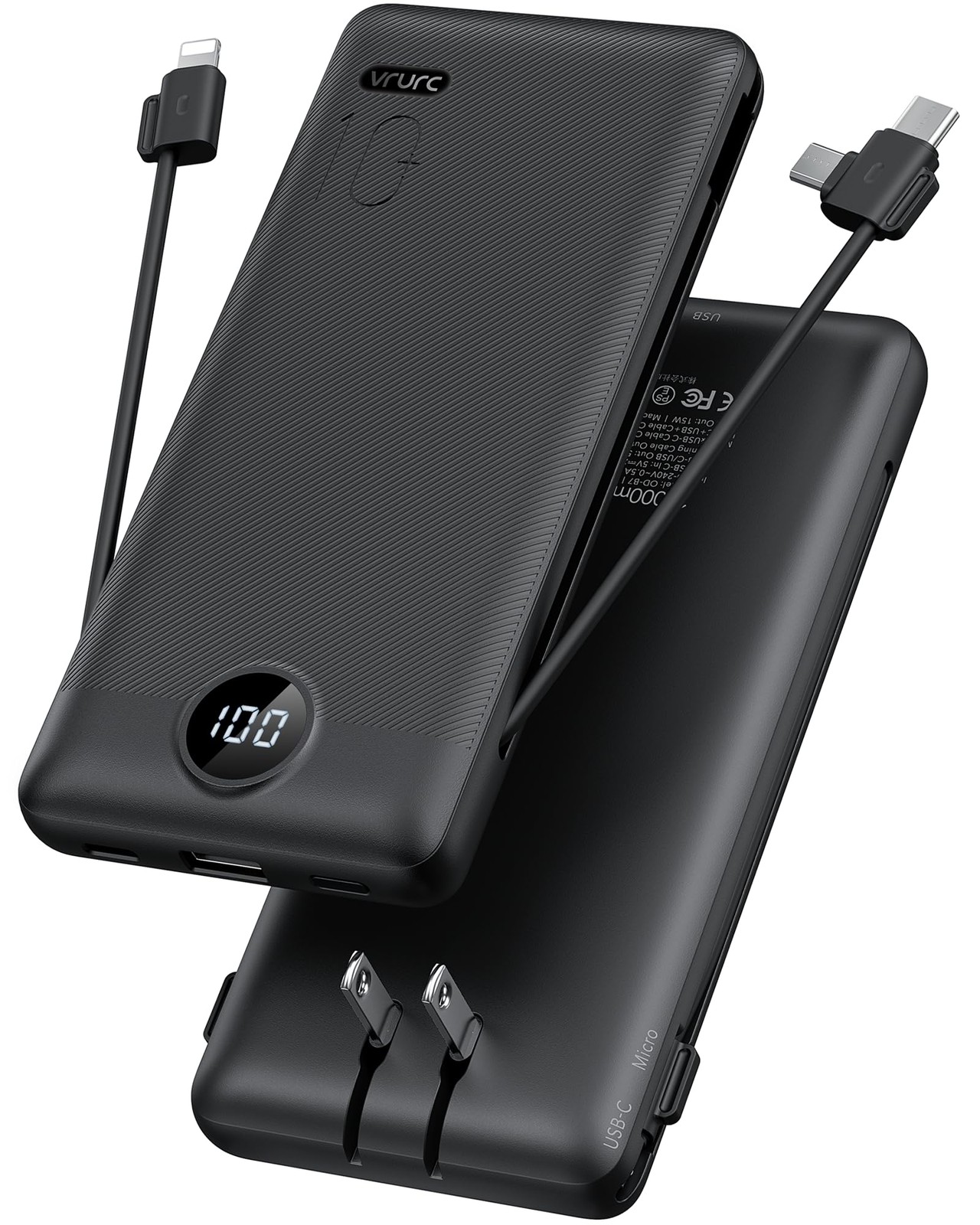 Portable Chargerpower Bank Built-In Cables And Ac Wall Plugvrurc Usb C Portable