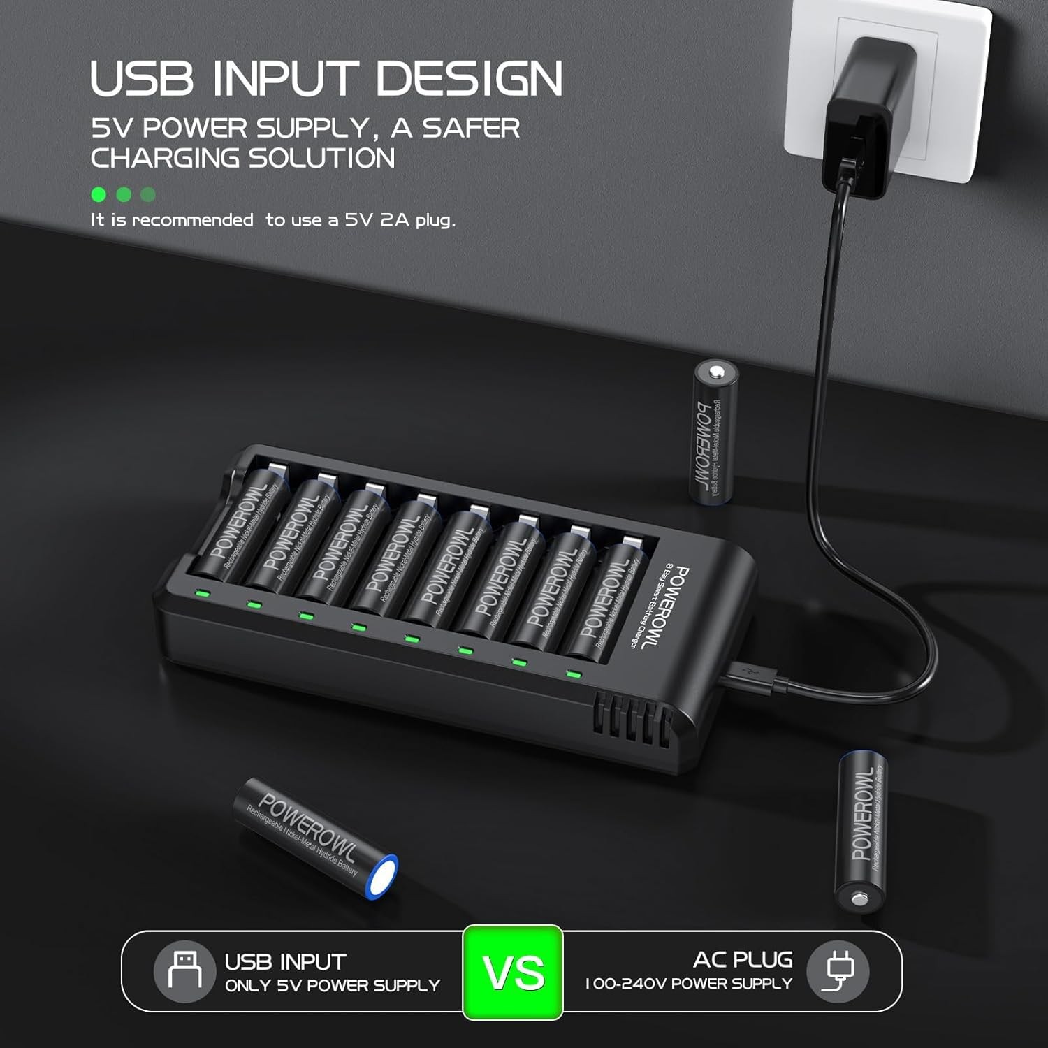 POWEROWL 8 Bay AA AAA Battery Charger, USB 8Bay aa aaa charger, Black