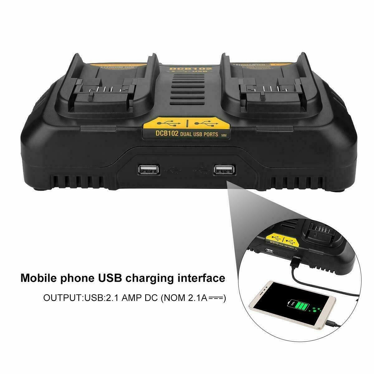 For Dewalt DCB102 Max Lithium Dual 2 Port Battery Charger DCB200 DCB206 12V- 20V