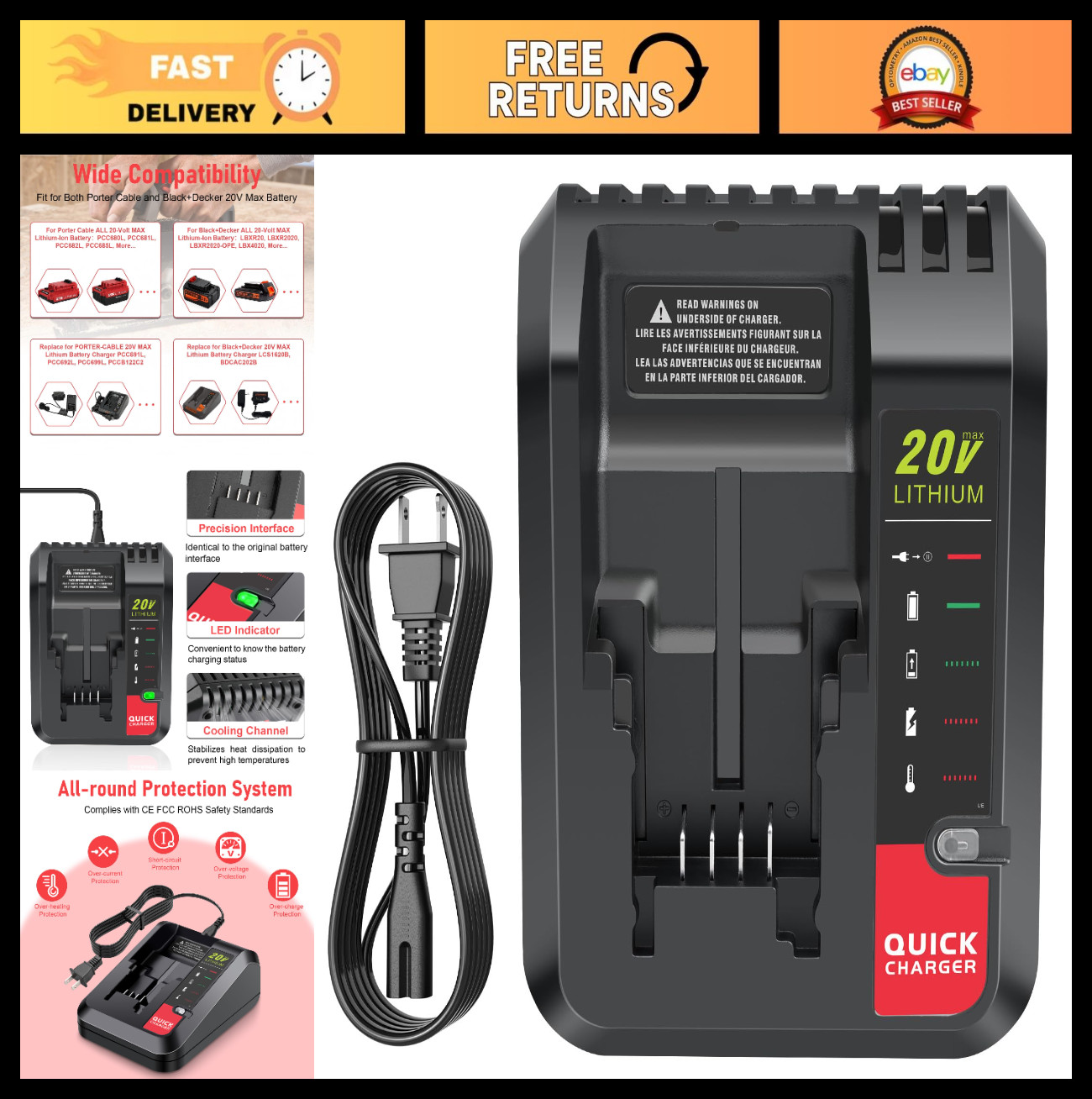20V Fast Charger for Black & Decker, Porter-Cable Lithium Batteries, Compatible