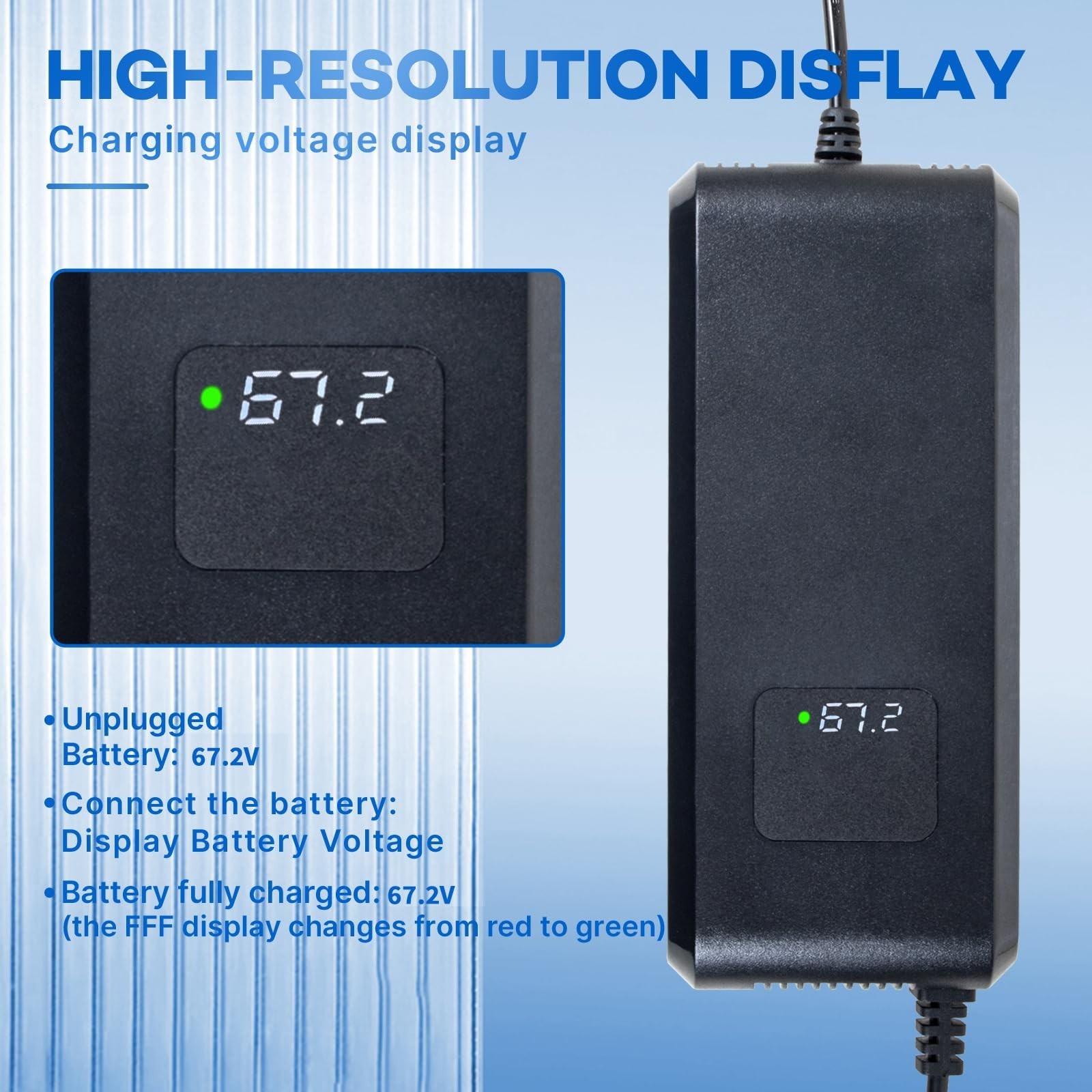 67.2V 3A Lithium Battery Charger for 60V 16S Li-ion Pack, 12mm Connector Adapter