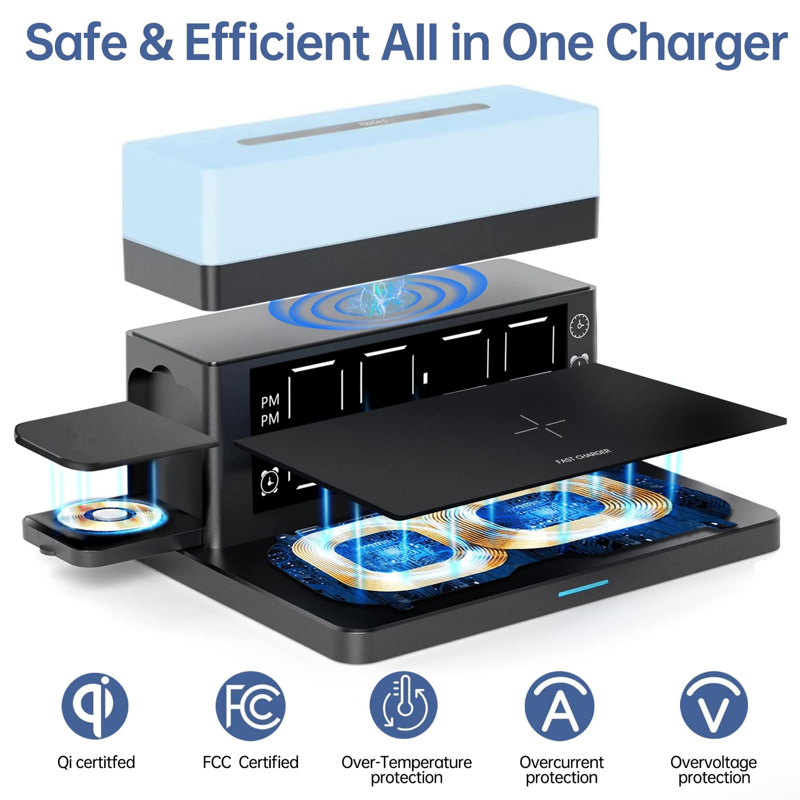 Smsasoeo Wireless Charger6 In 1 Wireless Charging Station Digital Alarm Clock