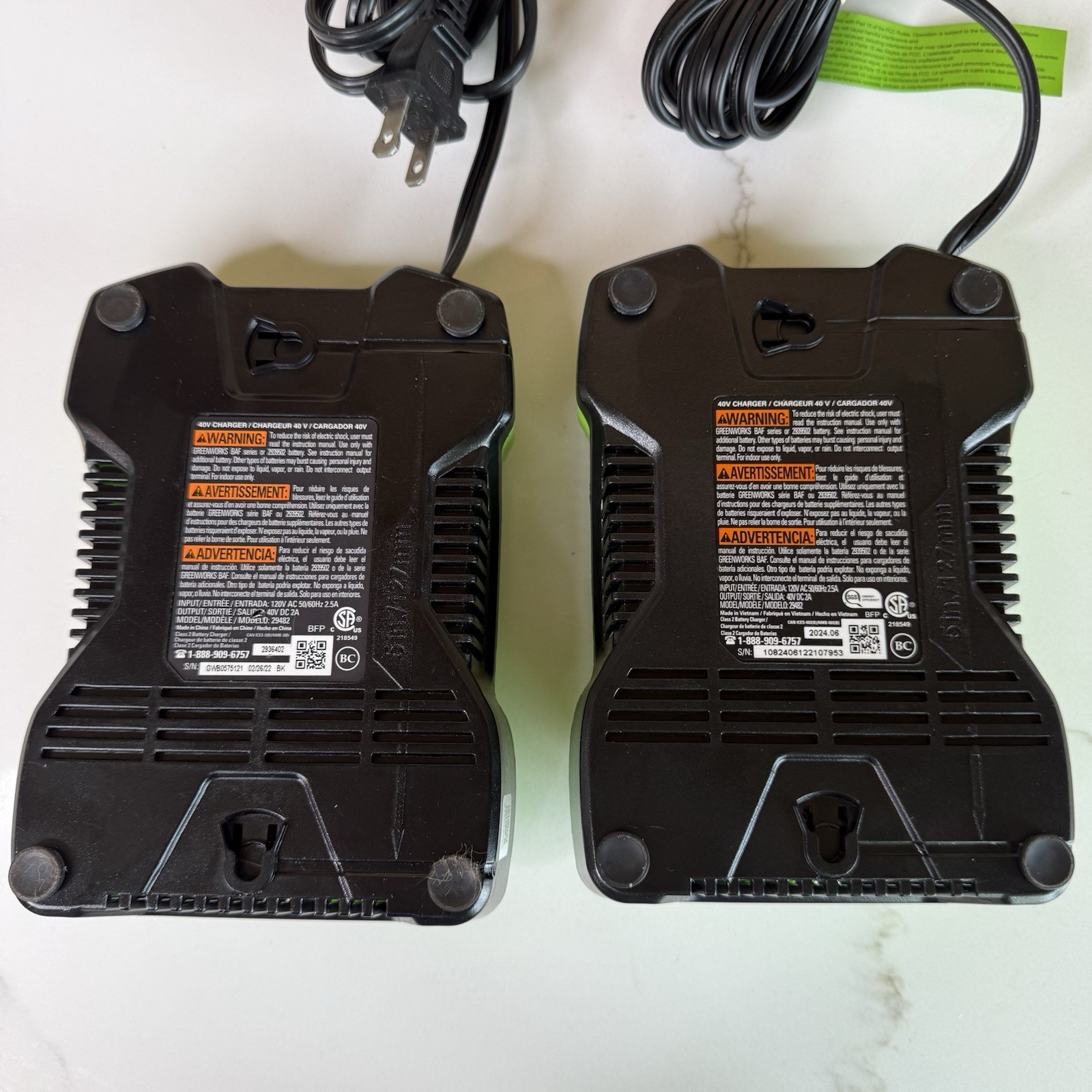2 Greenworks Wall Mount Battery Chargers with Diagnostic LED AG801 40V 2 Amp