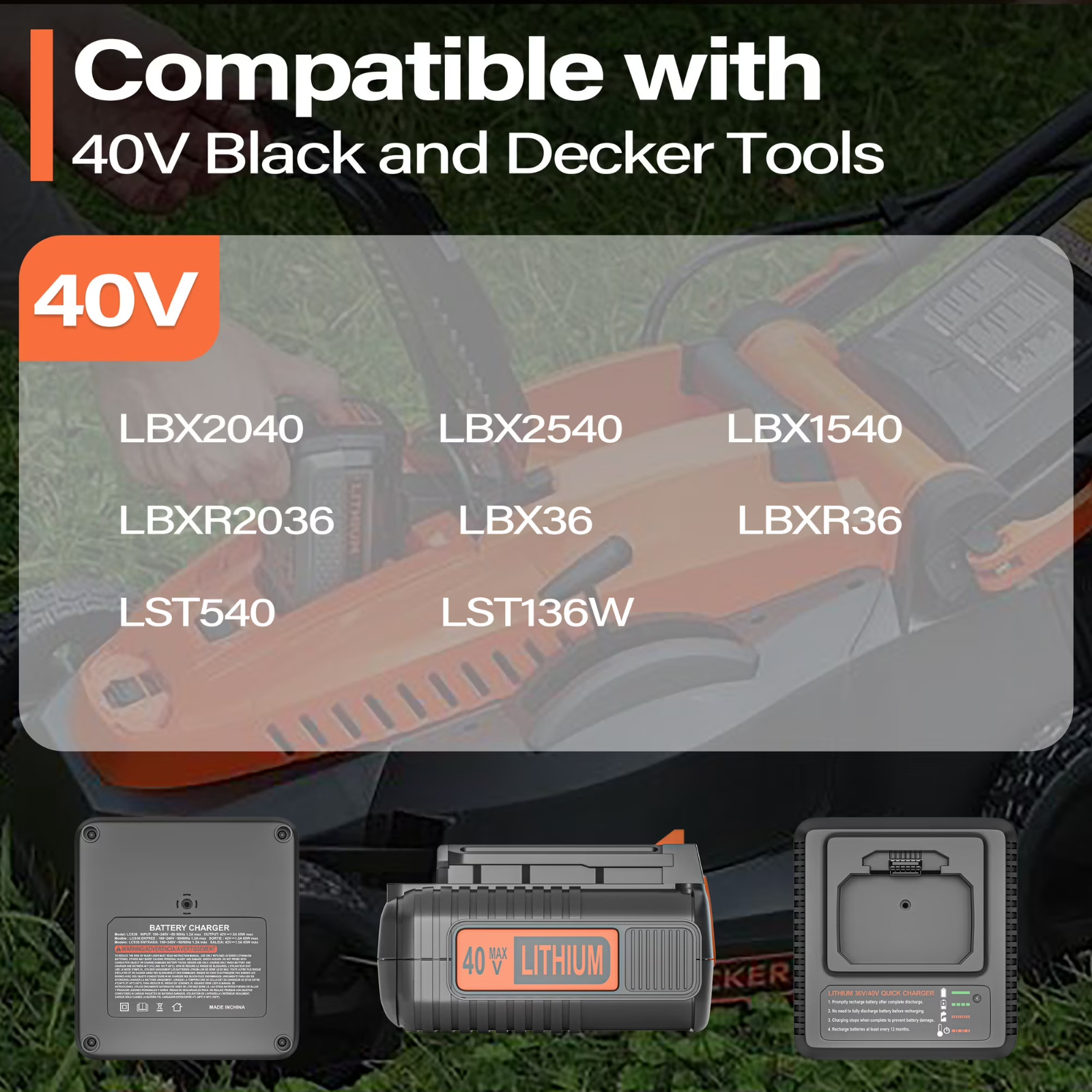 40V Max Replacement Battery & Fast Charger for Black & Decker LBX2040/LBXR36