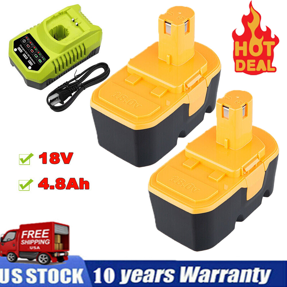 1-2Pack Replace for Ryobi Battery/Charger 18V PLUS 4.8Ah NIMH P100 13022 ABP1801
