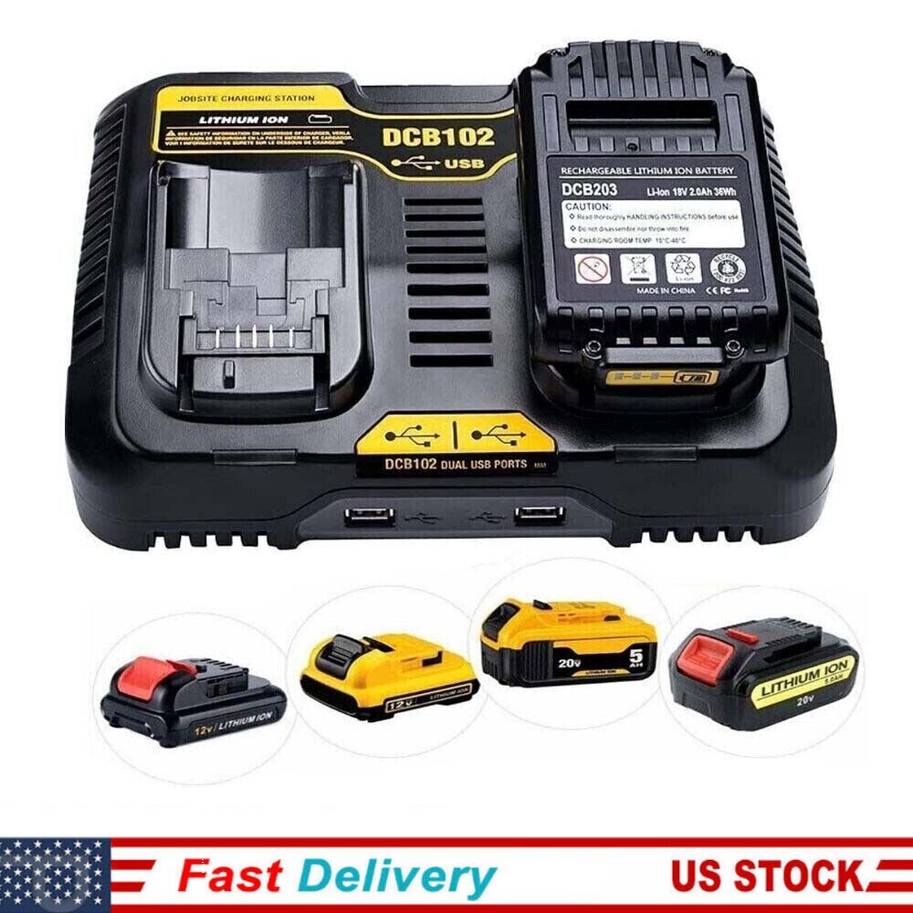 For Dewalt DCB102 Max Lithium Dual 2 Port Battery Charger DCB200 DCB206 12V- 20V
