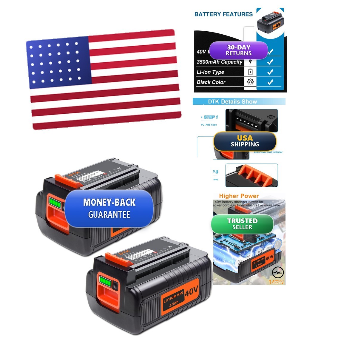 DTK 3.5Ah Replacement Battery for Black and Decker 40V 2 Pack LBXR36 LBX2040
