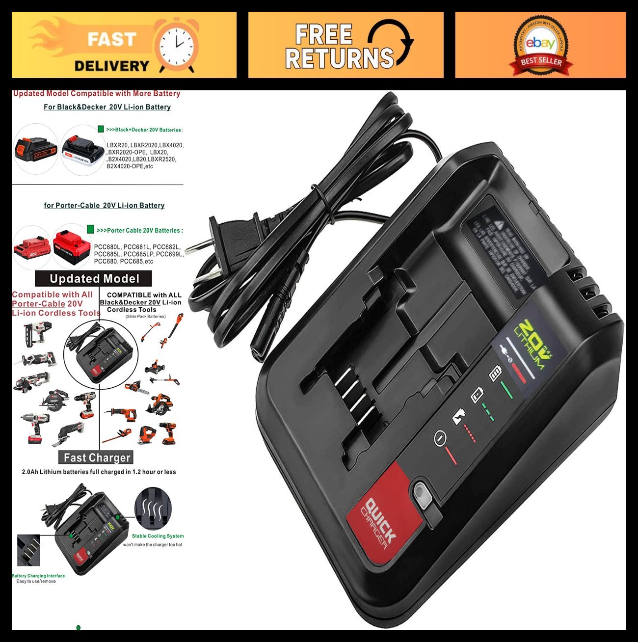 20V Lithium Battery Fast Charger for Black & Decker, Porter Cable – Quick Charge