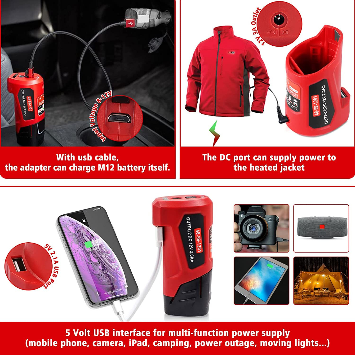 12V USB Power Source Replacement for Milwaukee M12 12V Battery Charger Adapter