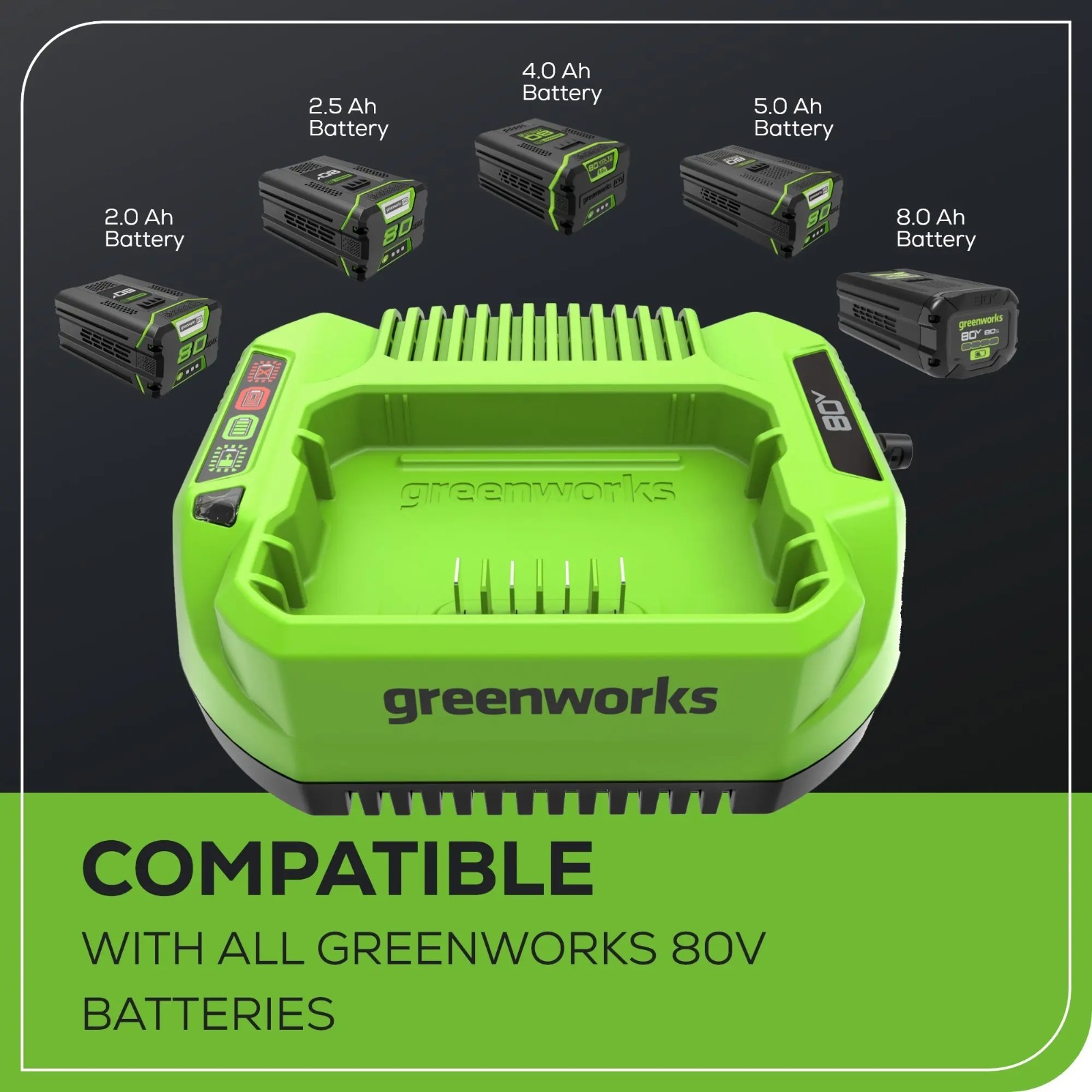 NEW Genuine Greenworks 2 Amp Standard 80V Battery Charger GCH8020 2A 80 Volt LED