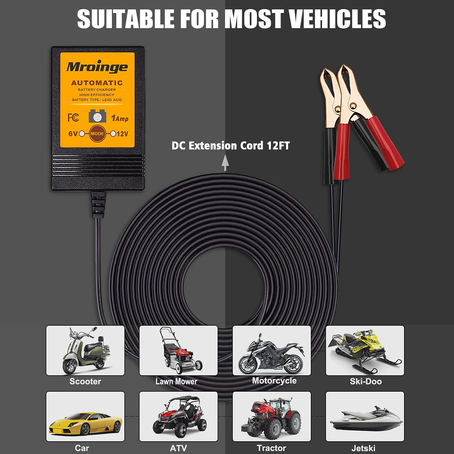 Smart Battery Charger, Mroinge 6V / 12V 1A Fully Automatic Trickle Battery Charg