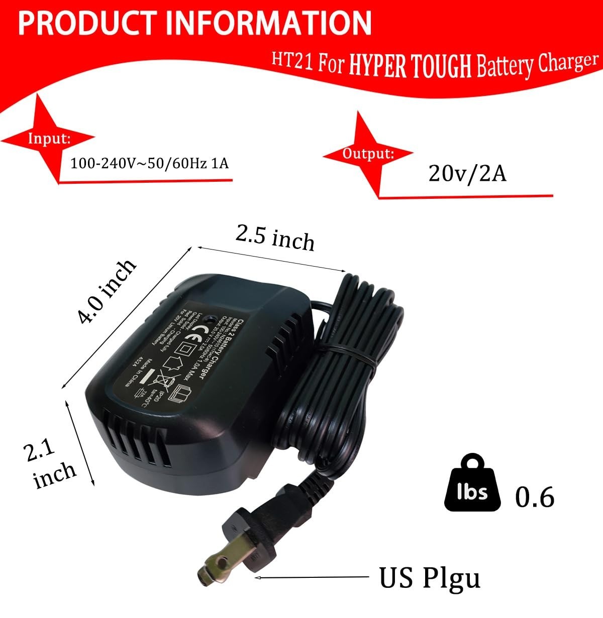 20V 2A Lithium-Ion Battery Fast Charger with LED Indicator Light, US Plug