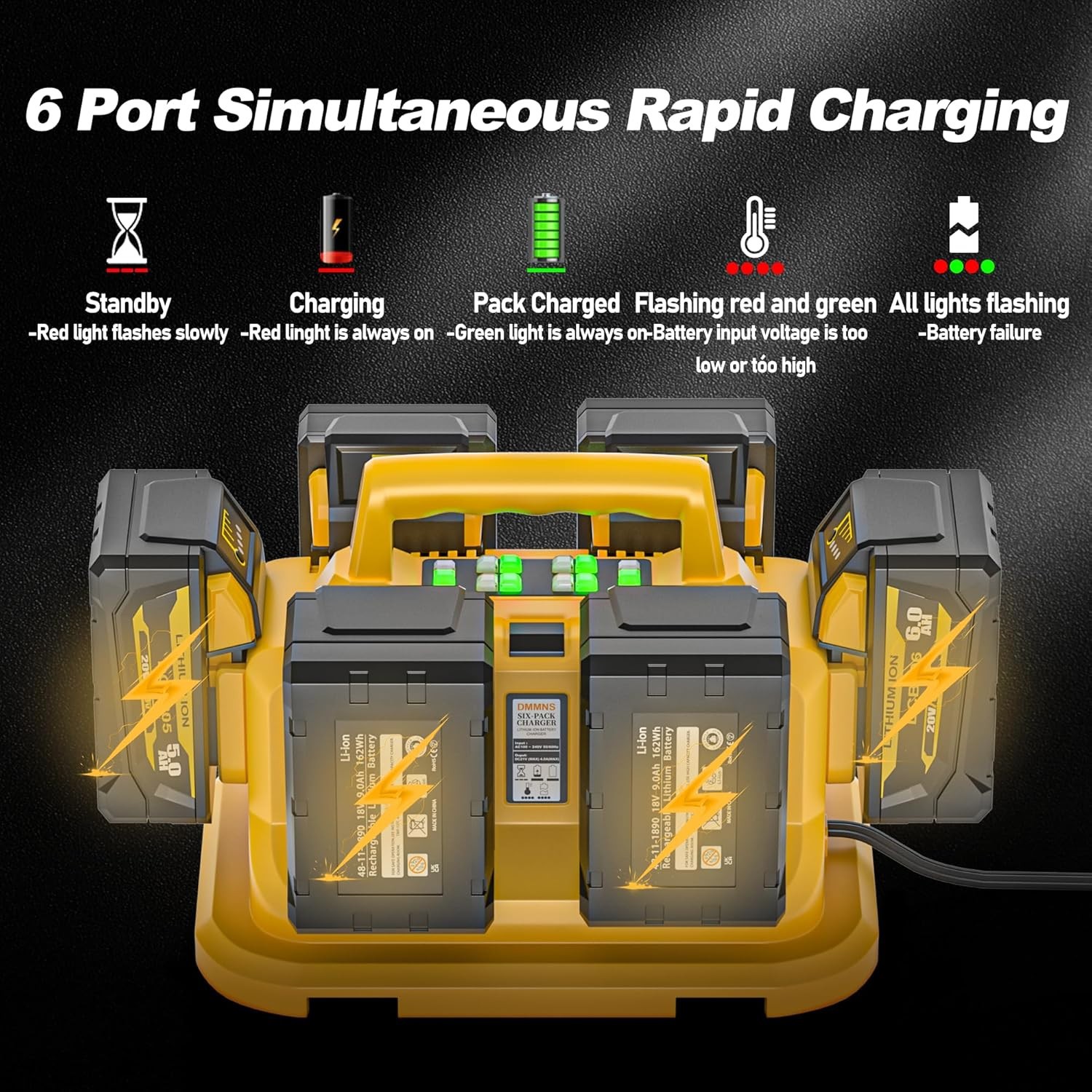 6-Port Simultaneous Charge for Dewalt 20V Max/60V Flexvolt DCB200 DCB203 DCB204