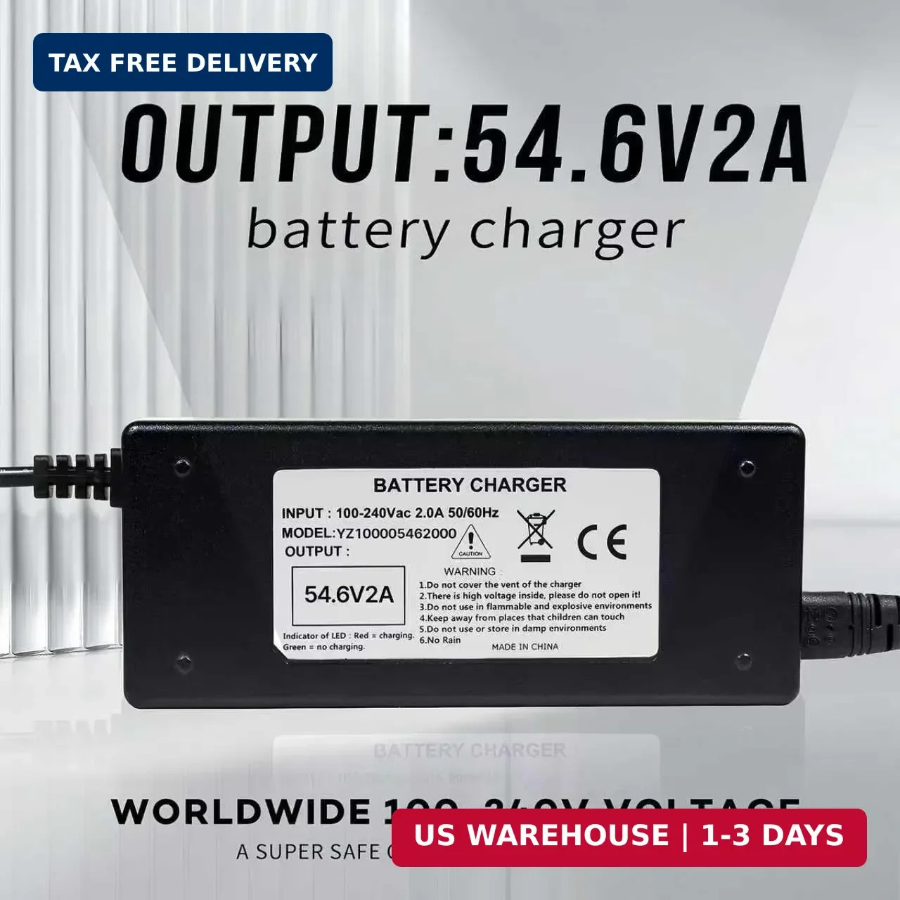 48v Lithium Battery Charger,54.6v 2A Power Charger Adapter DC 1 Prong 5.5 2.1mm