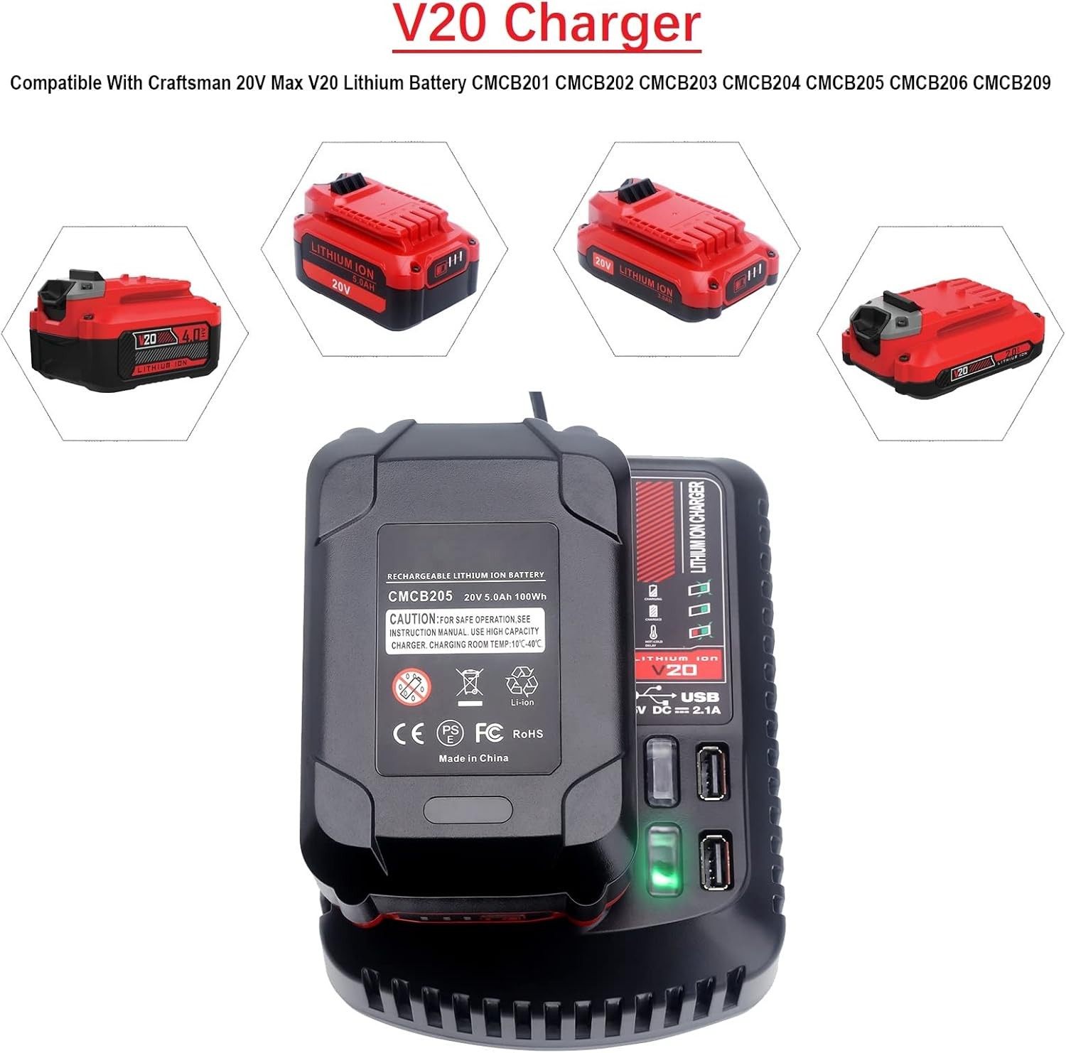 CMCB104 Fast Charger Compatible with Craftsman 20v V20 Lithium Battery CMCB201