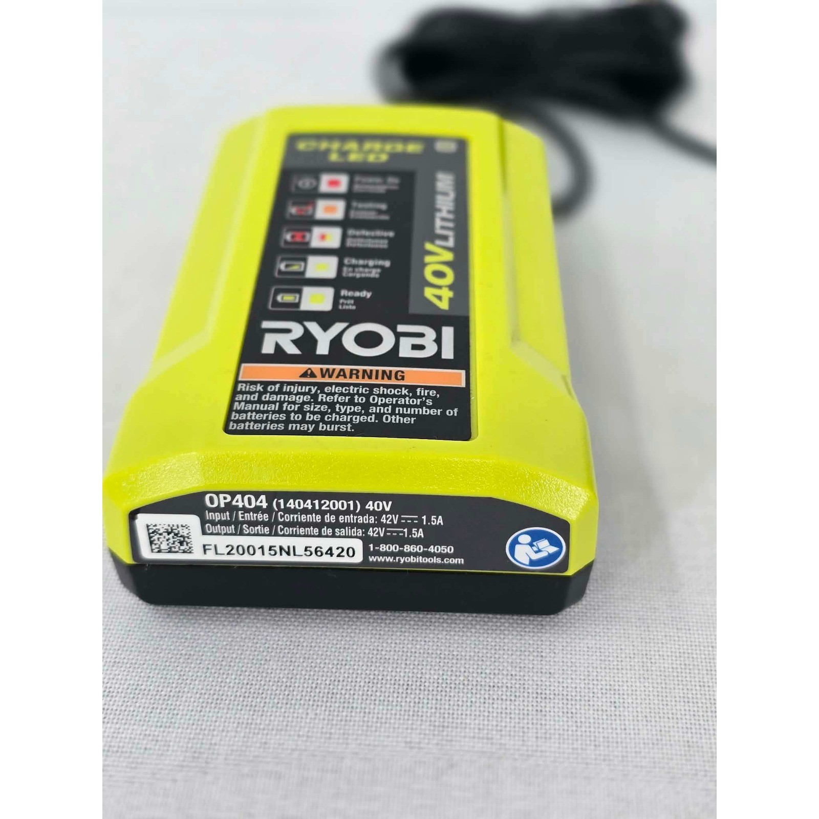 Ryobi OP404 40V Lithium-Ion Battery Charger 140412001 LED Diagnostic Green Black