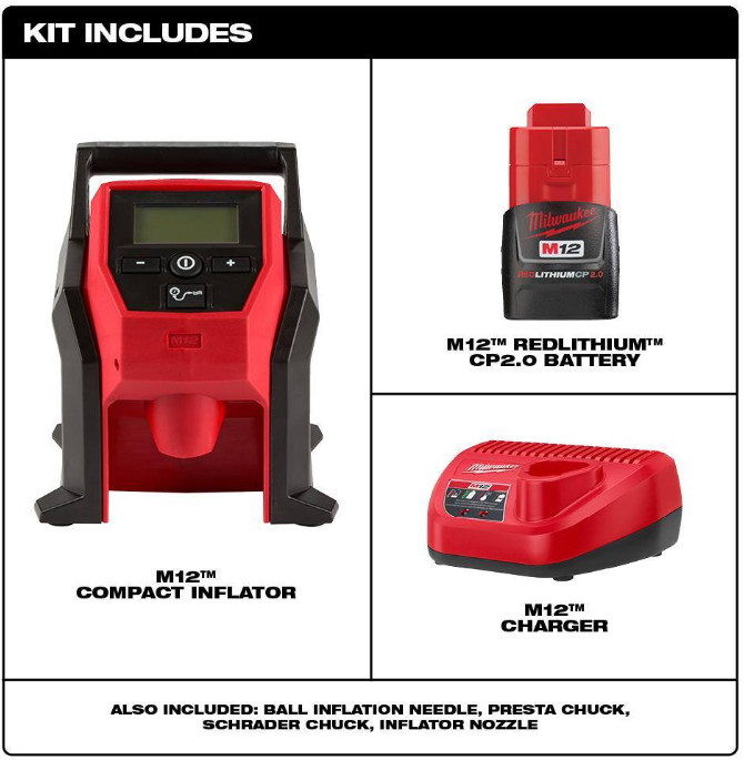 Milwaukee M12 Cordless Tire Inflator Kit w/ 2.0 Battery & Charger 2475-21CP NEW