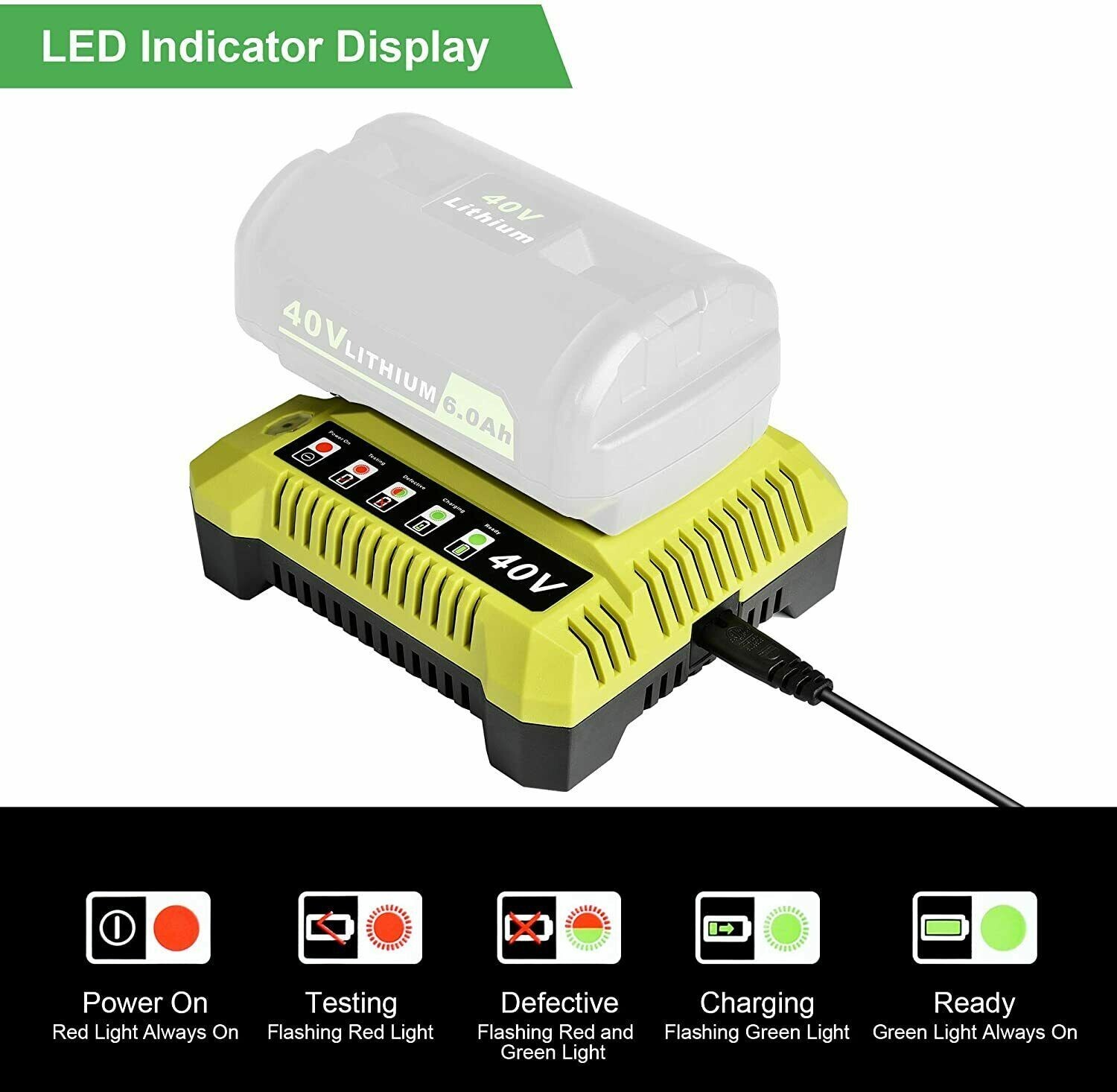 Rapid Charger For Ryobi 40V OP408VNM Lithium Battery OP406VNM OP40602 OP401 LED