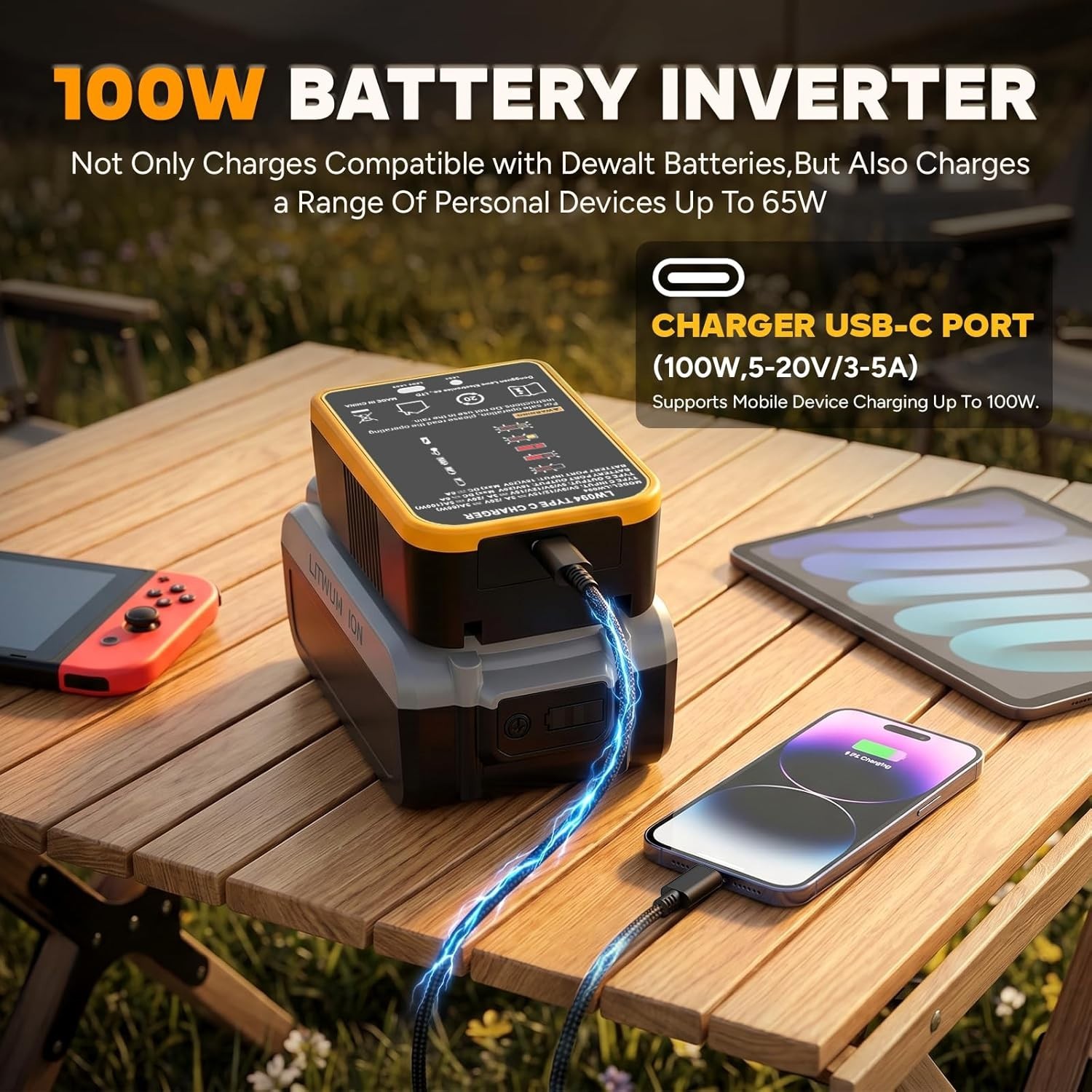 100W USB-C Battery Adapter Charger for DeWalt 12V 20V Batteries
