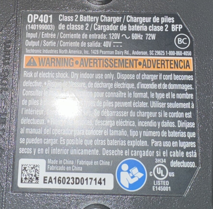 OEM Genuine Ryobi 40V Lithium Ion Class 2 Battery Charger OP401