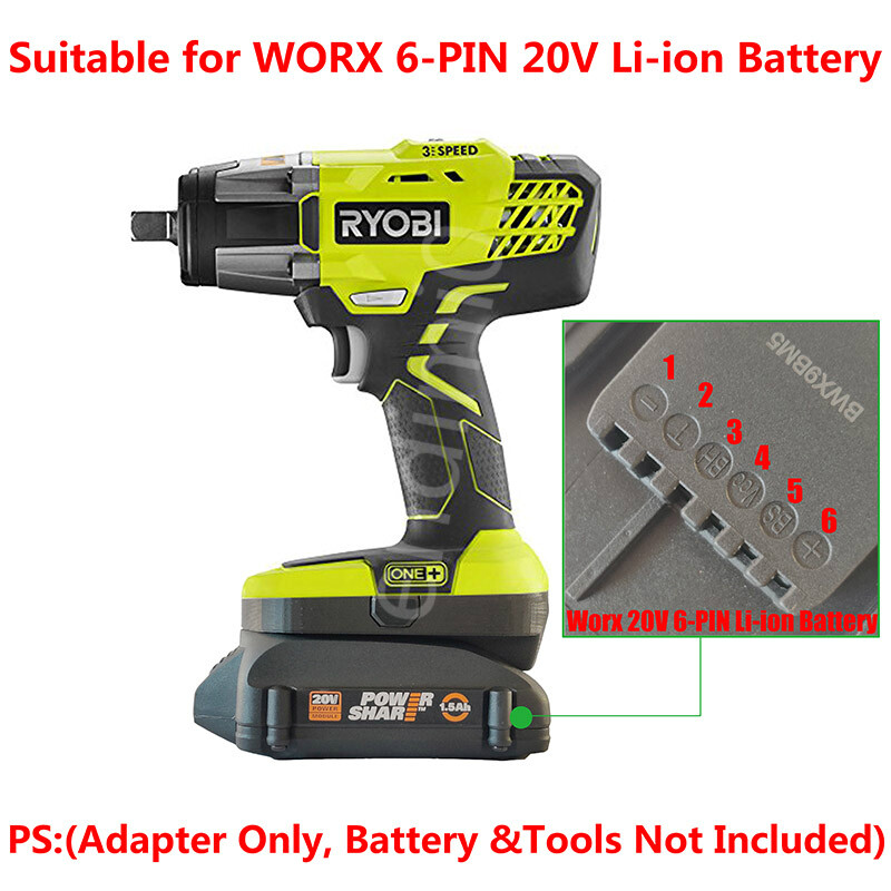 WORX 20V 6-PIN POWERSHARE WA3512/20 Li-ion Batteries To Ryobi 18V Tools Adapter